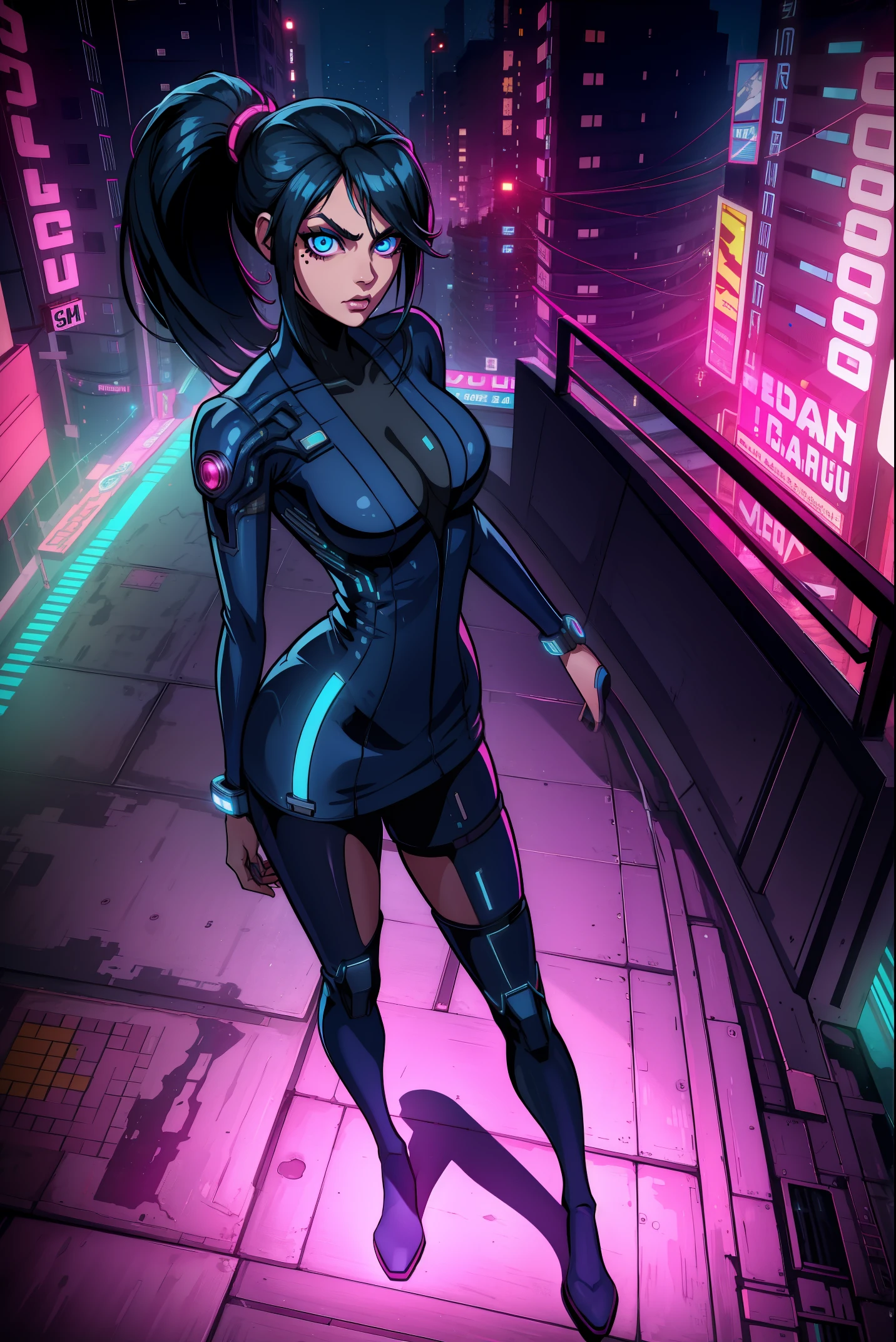 annflores. black hair, blue eyes, ponytail, mole under left eye,
bodysuit, legs, thigh boots,
looking at viewer, standing, upper body, serious,
cyberpunk, city, night, neon blue and pink lights,
(insanely detailed, beautiful detailed face, masterpiece, best quality)