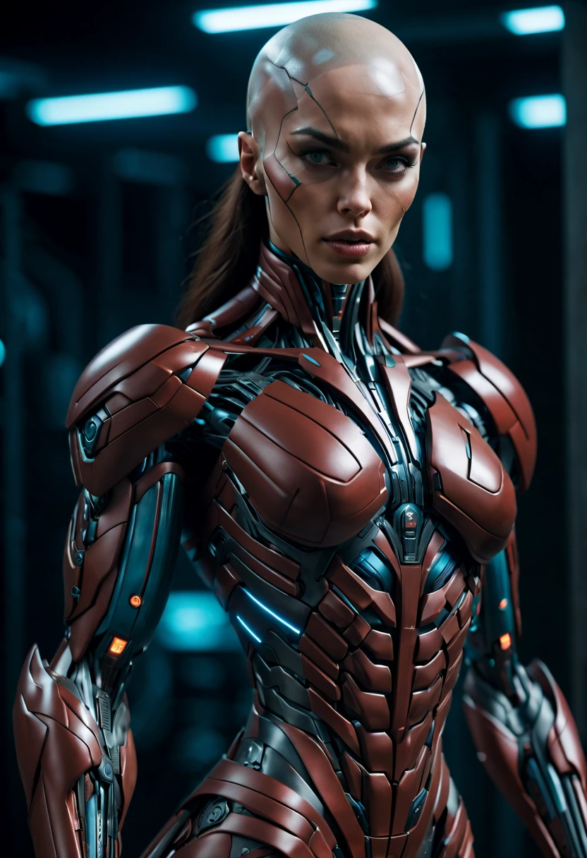 megan fox), Cinematic, hyper-detailed, and insanely detailed, perfect muscular ??????? of a bald super muscular female android girl. Beautiful color grading, enhancing the overall cinematic feel. Unreal Engine brings her anatomic cybernetic muscle suit to life, appearing even more mesmerizing. With the use of depth of field (DOF), every detail is focused and accentuated, drawing attention to her eyes and the intricate design of the anatomic cybernetic muscle suit . The image resolution is at its peak, utilizing super-resolution technology to ensure every pixel is perfect. Cinematic lighting enhances her aura, while anti-aliasing techniques like FXAA and TXAA keep the edges smooth and clean. Adding realism to the anatomic cybernetic muscle suit, RTX technology enables ray tracing. Additionally, SSAO (Screen Space Ambient Occlusion) gives depth and realism to the scene, the girl's anatomic cybernetic muscle suit become even more convincing. In the post-processing and post-production stages, tone mapping enhances the colors, creating a captivating visual experience. The integration of CGI (Computer-Generated Imagery) and VFX (Visual Effect brings out the anatomic cybernetic muscle suit's intricate features in a seamless manner. SFX (Sound Effects) complement the visual artistry, immersing the viewer further into this fantastic world. The level of detail is awe-inspiring, with intricate elements meticulously crafted, the artwork hyper maximalist and hyper-realistic. Volumetric effects add depth and dimension, and the photorealism is unparalleled. The image is rendered in 8K resolution, ensuring super-detailed visuals. The volumetric lightning adds a touch of magic, highlighting her beauty and the aura of her anatomic cybernetic muscle suit in an otherworldly way. High Dynamic Range (HDR) technology makes the colors pop, adding richness to the overall composition. Ultimately, this artwork presents an unreal portrayal of a super muscled cybernetic female android