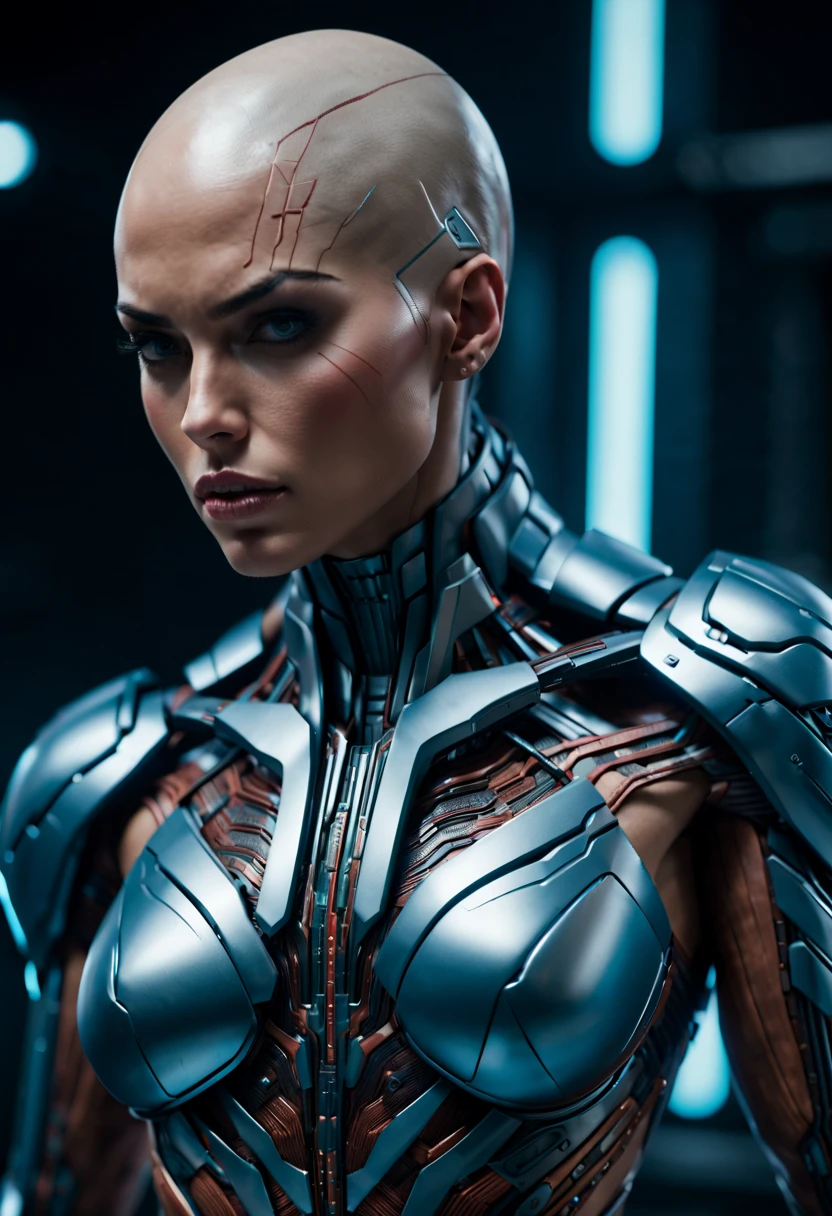 megan fox), Cinematic, hyper-detailed, and insanely detailed, perfect muscular anatomy of a bald super muscular female android girl. Beautiful color grading, enhancing the overall cinematic feel. Unreal Engine brings her anatomic cybernetic muscle suit to life, appearing even more mesmerizing. With the use of depth of field (DOF), every detail is focused and accentuated, drawing attention to her eyes and the intricate design of the anatomic cybernetic muscle suit . The image resolution is at its peak, utilizing super-resolution technology to ensure every pixel is perfect. Cinematic lighting enhances her aura, while anti-aliasing techniques like FXAA and TXAA keep the edges smooth and clean. Adding realism to the anatomic cybernetic muscle suit, RTX technology enables ray tracing. Additionally, SSAO (Screen Space Ambient Occlusion) gives depth and realism to the scene, the girl's anatomic cybernetic muscle suit become even more convincing. In the post-processing and post-production stages, tone mapping enhances the colors, creating a captivating visual experience. The integration of CGI (Computer-Generated Imagery) and VFX (Visual Effect brings out the anatomic cybernetic muscle suit's intricate features in a seamless manner. SFX (Sound Effects) complement the visual artistry, immersing the viewer further into this fantastic world. The level of detail is awe-inspiring, with intricate elements meticulously crafted, the artwork hyper maximalist and hyper-realistic. Volumetric effects add depth and dimension, and the photorealism is unparalleled. The image is rendered in 8K resolution, ensuring super-detailed visuals. The volumetric lightning adds a touch of magic, highlighting her beauty and the aura of her anatomic cybernetic muscle suit in an otherworldly way. High Dynamic Range (HDR) technology makes the colors pop, adding richness to the overall composition. Ultimately, this artwork presents an unreal portrayal of a super muscled cybernetic female android