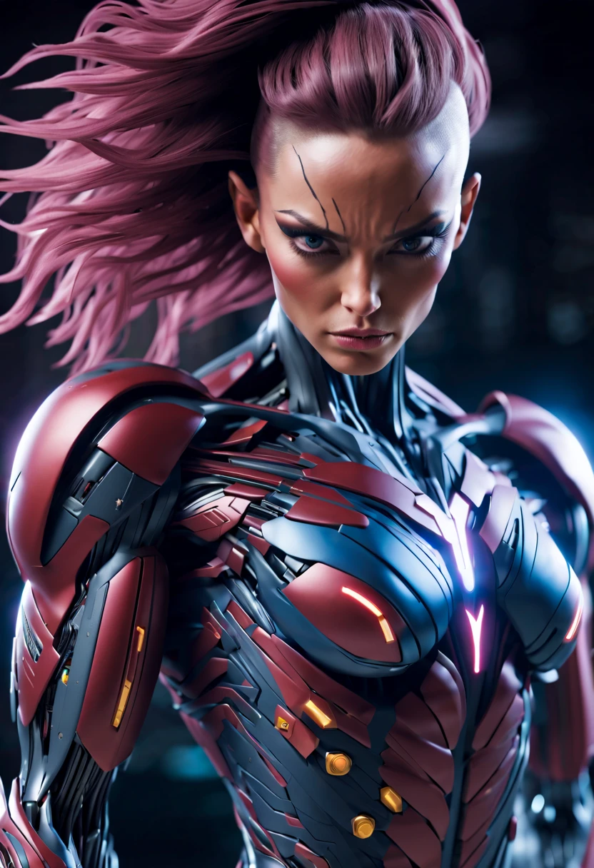 megan fox), Cinematic, hyper-detailed, and insanely detailed, perfect muscular anatomy of a bald super muscular female android girl. Beautiful color grading, enhancing the overall cinematic feel. Unreal Engine brings her anatomic cybernetic muscle suit to life, appearing even more mesmerizing. With the use of depth of field (DOF), every detail is focused and accentuated, drawing attention to her eyes and the intricate design of the anatomic cybernetic muscle suit . The image resolution is at its peak, utilizing super-resolution technology to ensure every pixel is perfect. Cinematic lighting enhances her aura, while anti-aliasing techniques like FXAA and TXAA keep the edges smooth and clean. Adding realism to the anatomic cybernetic muscle suit, RTX technology enables ray tracing. Additionally, SSAO (Screen Space Ambient Occlusion) gives depth and realism to the scene, the girl's anatomic cybernetic muscle suit become even more convincing. In the post-processing and post-production stages, tone mapping enhances the colors, creating a captivating visual experience. The integration of CGI (Computer-Generated Imagery) and VFX (Visual Effect brings out the anatomic cybernetic muscle suit's intricate features in a seamless manner. SFX (Sound Effects) complement the visual artistry, immersing the viewer further into this fantastic world. The level of detail is awe-inspiring, with intricate elements meticulously crafted, the artwork hyper maximalist and hyper-realistic. Volumetric effects add depth and dimension, and the photorealism is unparalleled. The image is rendered in 8K resolution, ensuring super-detailed visuals. The volumetric lightning adds a touch of magic, highlighting her beauty and the aura of her anatomic cybernetic muscle suit in an otherworldly way. High Dynamic Range (HDR) technology makes the colors pop, adding richness to the overall composition. Ultimately, this artwork presents an unreal portrayal of a super muscled cybernetic female android