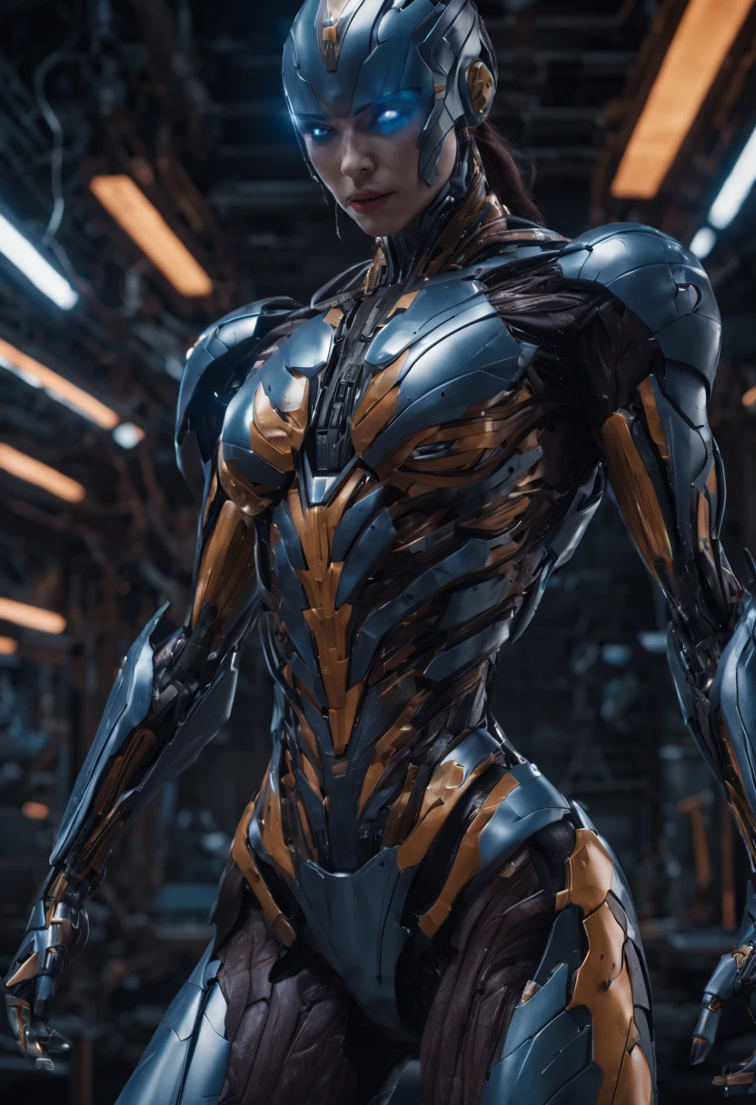 megan fox), Cinematic, hyper-detailed, and insanely detailed, perfect muscular anatomy of a bald super muscular female android girl. Beautiful color grading, enhancing the overall cinematic feel. Unreal Engine brings her anatomic cybernetic muscle suit to life, appearing even more mesmerizing. With the use of depth of field (DOF), every detail is focused and accentuated, drawing attention to her eyes and the intricate design of the anatomic cybernetic muscle suit . The image resolution is at its peak, utilizing super-resolution technology to ensure every pixel is perfect. Cinematic lighting enhances her aura, while anti-aliasing techniques like FXAA and TXAA keep the edges smooth and clean. Adding realism to the anatomic cybernetic muscle suit, RTX technology enables ray tracing. Additionally, SSAO (Screen Space Ambient Occlusion) gives depth and realism to the scene, the girl's anatomic cybernetic muscle suit become even more convincing. In the post-processing and post-production stages, tone mapping enhances the colors, creating a captivating visual experience. The integration of CGI (Computer-Generated Imagery) and VFX (Visual Effect brings out the anatomic cybernetic muscle suit's intricate features in a seamless manner. SFX (Sound Effects) complement the visual artistry, immersing the viewer further into this fantastic world. The level of detail is awe-inspiring, with intricate elements meticulously crafted, the artwork hyper maximalist and hyper-realistic. Volumetric effects add depth and dimension, and the photorealism is unparalleled. The image is rendered in 8K resolution, ensuring super-detailed visuals. The volumetric lightning adds a touch of magic, highlighting her beauty and the aura of her anatomic cybernetic muscle suit in an otherworldly way. High Dynamic Range (HDR) technology makes the colors pop, adding richness to the overall composition. Ultimately, this artwork presents an unreal portrayal of a super muscled cybernetic female android