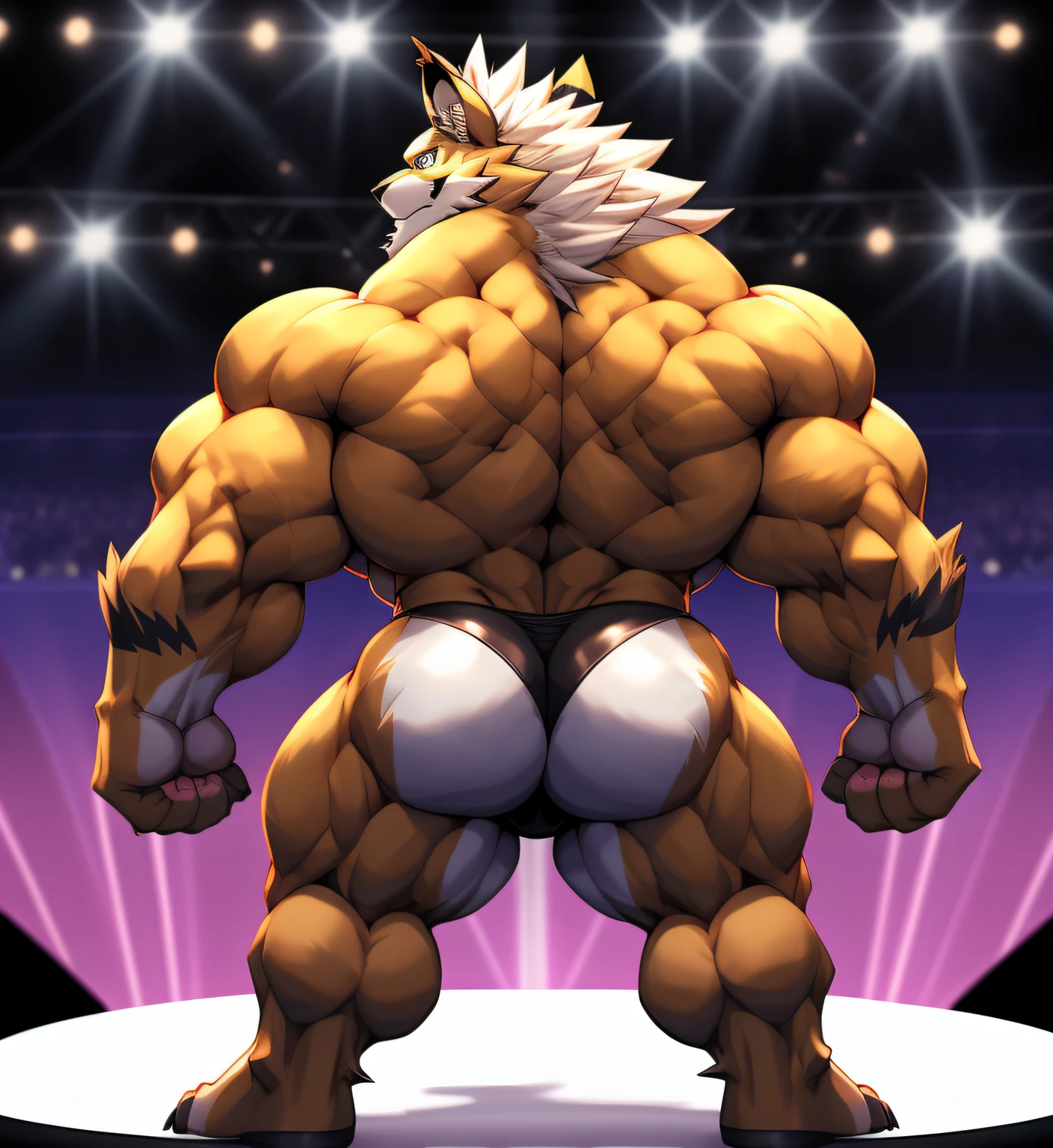 (Digimon) A Leomon in the bodybuilding competition., en el escenario con otros culturistas de Leomon a su lado, wearing a small thong (metallic color: Tanga negro azabache) Masivo, Huge, muscular bodybuilder with extraordinary biceps, Pecs, triceps, trampas, cintura estrecha, GigaChad (((derriere))) muslos musculosos enormes firmes, nalgas redondas y trasero redondo con la espalda, Cola larga, enorme ((huge buttocks))