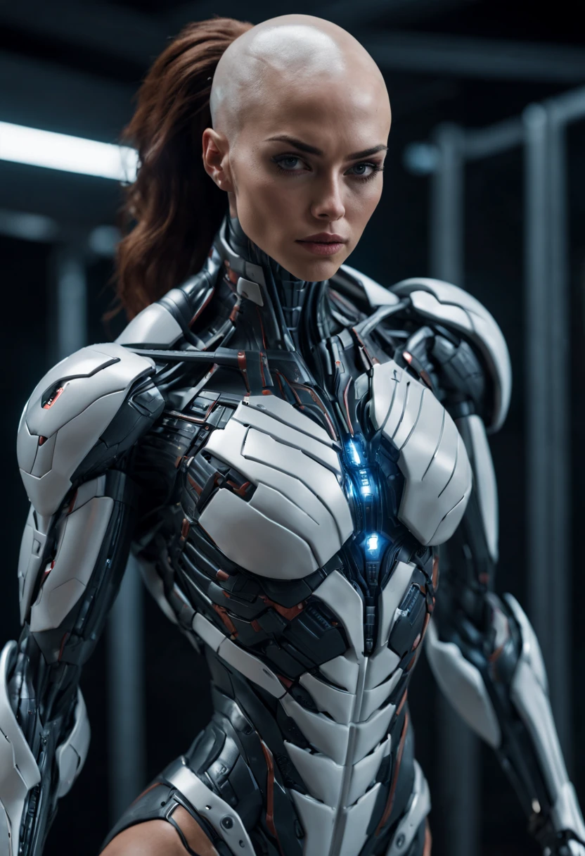 megan fox), Cinematic, hyper-detailed, and insanely detailed, perfect muscular anatomy of a bald super muscular female android girl. Beautiful color grading, enhancing the overall cinematic feel. Unreal Engine brings her anatomic cybernetic muscle suit to life, appearing even more mesmerizing. With the use of depth of field (DOF), every detail is focused and accentuated, drawing attention to her eyes and the intricate design of the anatomic cybernetic muscle suit . The image resolution is at its peak, utilizing super-resolution technology to ensure every pixel is perfect. Cinematic lighting enhances her aura, while anti-aliasing techniques like FXAA and TXAA keep the edges smooth and clean. Adding realism to the anatomic cybernetic muscle suit, RTX technology enables ray tracing. Additionally, SSAO (Screen Space Ambient Occlusion) gives depth and realism to the scene, the girl's anatomic cybernetic muscle suit become even more convincing. In the post-processing and post-production stages, tone mapping enhances the colors, creating a captivating visual experience. The integration of CGI (Computer-Generated Imagery) and VFX (Visual Effect brings out the anatomic cybernetic muscle suit's intricate features in a seamless manner. SFX (Sound Effects) complement the visual artistry, immersing the viewer further into this fantastic world. The level of detail is awe-inspiring, with intricate elements meticulously crafted, the artwork hyper maximalist and hyper-realistic. Volumetric effects add depth and dimension, and the photorealism is unparalleled. The image is rendered in 8K resolution, ensuring super-detailed visuals. The volumetric lightning adds a touch of magic, highlighting her beauty and the aura of her anatomic cybernetic muscle suit in an otherworldly way. High Dynamic Range (HDR) technology makes the colors pop, adding richness to the overall composition. Ultimately, this artwork presents an unreal portrayal of a super muscled cybernetic female android