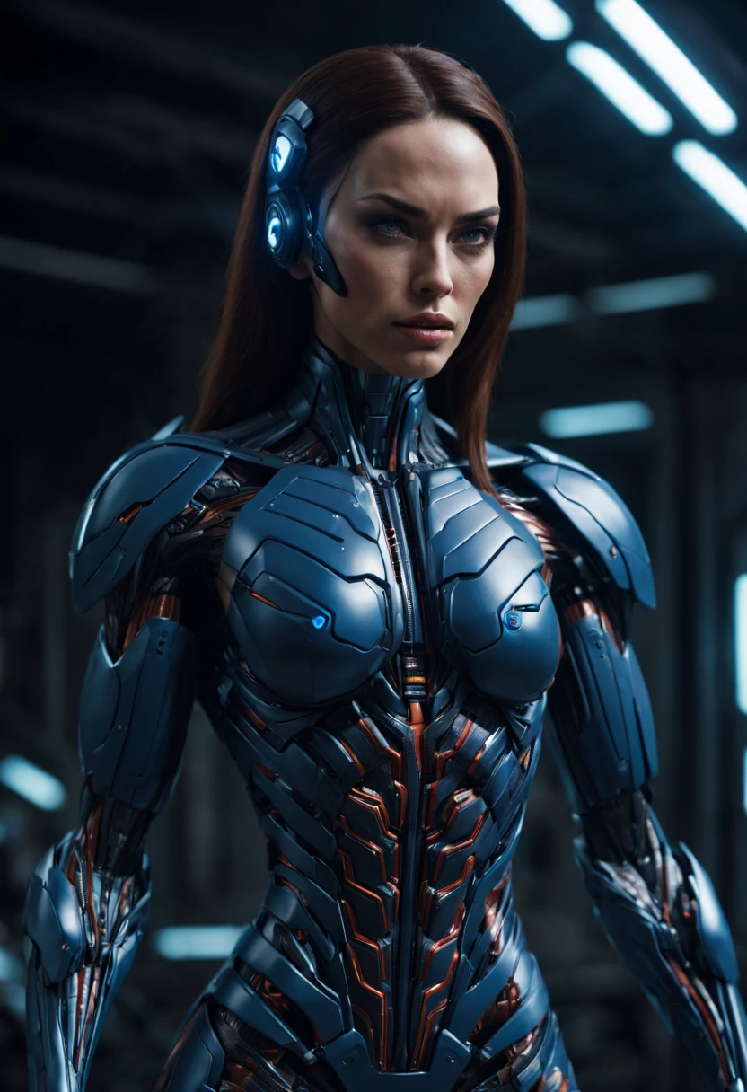 megan fox), Cinematic, hyper-detailed, and insanely detailed, perfect muscular anatomy of a bald super muscular female android girl. Beautiful color grading, enhancing the overall cinematic feel. Unreal Engine brings her anatomic cybernetic muscle suit to life, appearing even more mesmerizing. With the use of depth of field (DOF), every detail is focused and accentuated, drawing attention to her eyes and the intricate design of the anatomic cybernetic muscle suit . The image resolution is at its peak, utilizing super-resolution technology to ensure every pixel is perfect. Cinematic lighting enhances her aura, while anti-aliasing techniques like FXAA and TXAA keep the edges smooth and clean. Adding realism to the anatomic cybernetic muscle suit, RTX technology enables ray tracing. Additionally, SSAO (Screen Space Ambient Occlusion) gives depth and realism to the scene, the girl's anatomic cybernetic muscle suit become even more convincing. In the post-processing and post-production stages, tone mapping enhances the colors, creating a captivating visual experience. The integration of CGI (Computer-Generated Imagery) and VFX (Visual Effect brings out the anatomic cybernetic muscle suit's intricate features in a seamless manner. SFX (Sound Effects) complement the visual artistry, immersing the viewer further into this fantastic world. The level of detail is awe-inspiring, with intricate elements meticulously crafted, the artwork hyper maximalist and hyper-realistic. Volumetric effects add depth and dimension, and the photorealism is unparalleled. The image is rendered in 8K resolution, ensuring super-detailed visuals. The volumetric lightning adds a touch of magic, highlighting her beauty and the aura of her anatomic cybernetic muscle suit in an otherworldly way. High Dynamic Range (HDR) technology makes the colors pop, adding richness to the overall composition. Ultimately, this artwork presents an unreal portrayal of a super muscled cybernetic female android