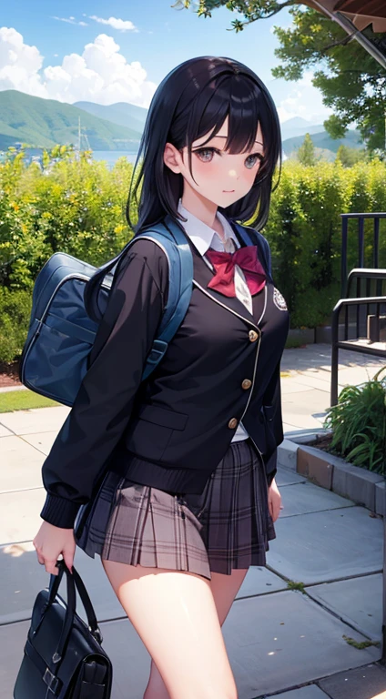(one-girl,School,校服,naturey,sunlighting,bright) illustratio, A high resolution, ultra - detailed, Luzes Realistas, vivd colour