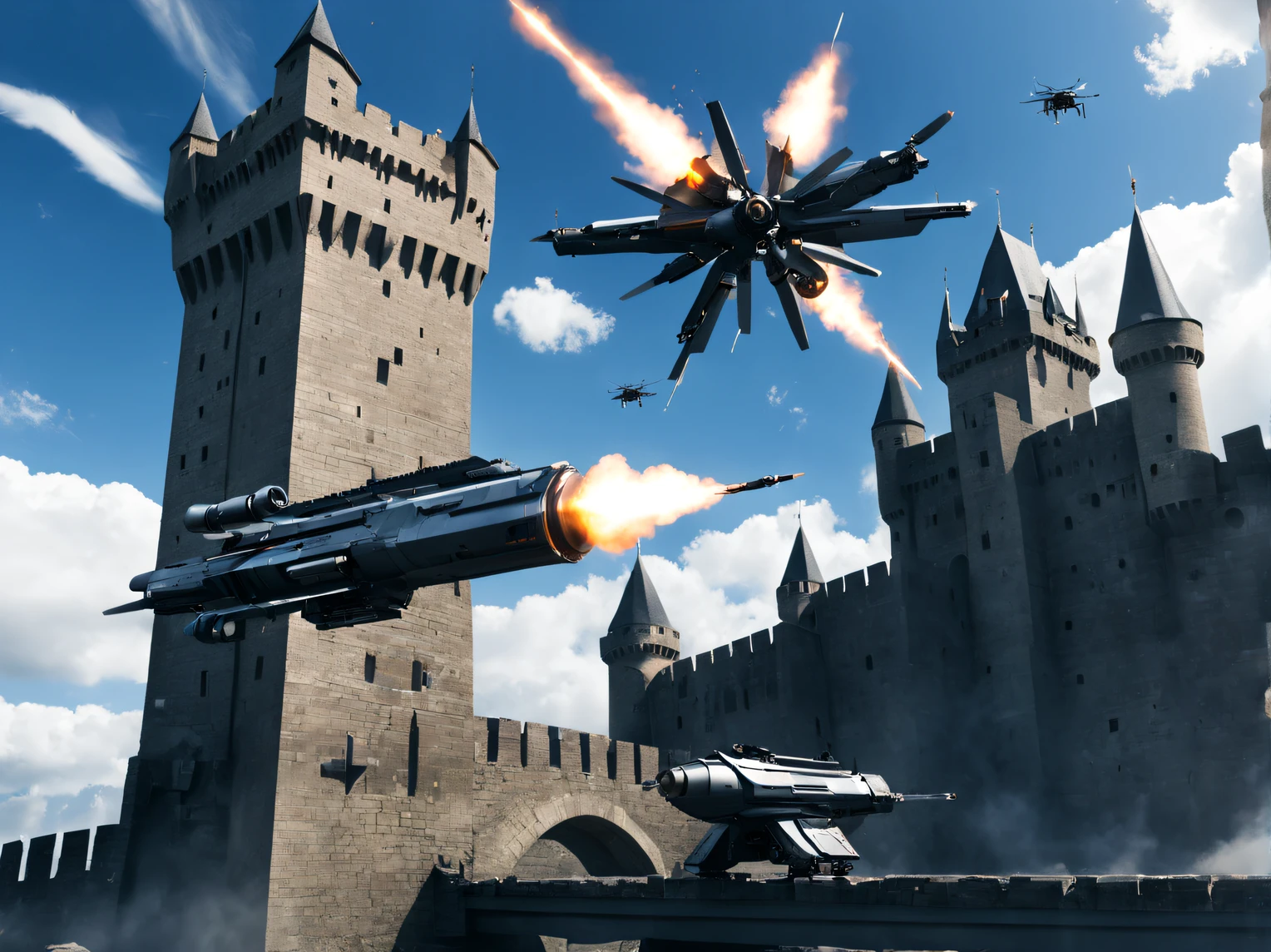 a medieval castle, Futuristic weapons installed on the castle walls, (A huge railgun installed on the castle wall:1.2), looks like it's firing a bullet, Unmanned surveillance drones are flying in the sky.