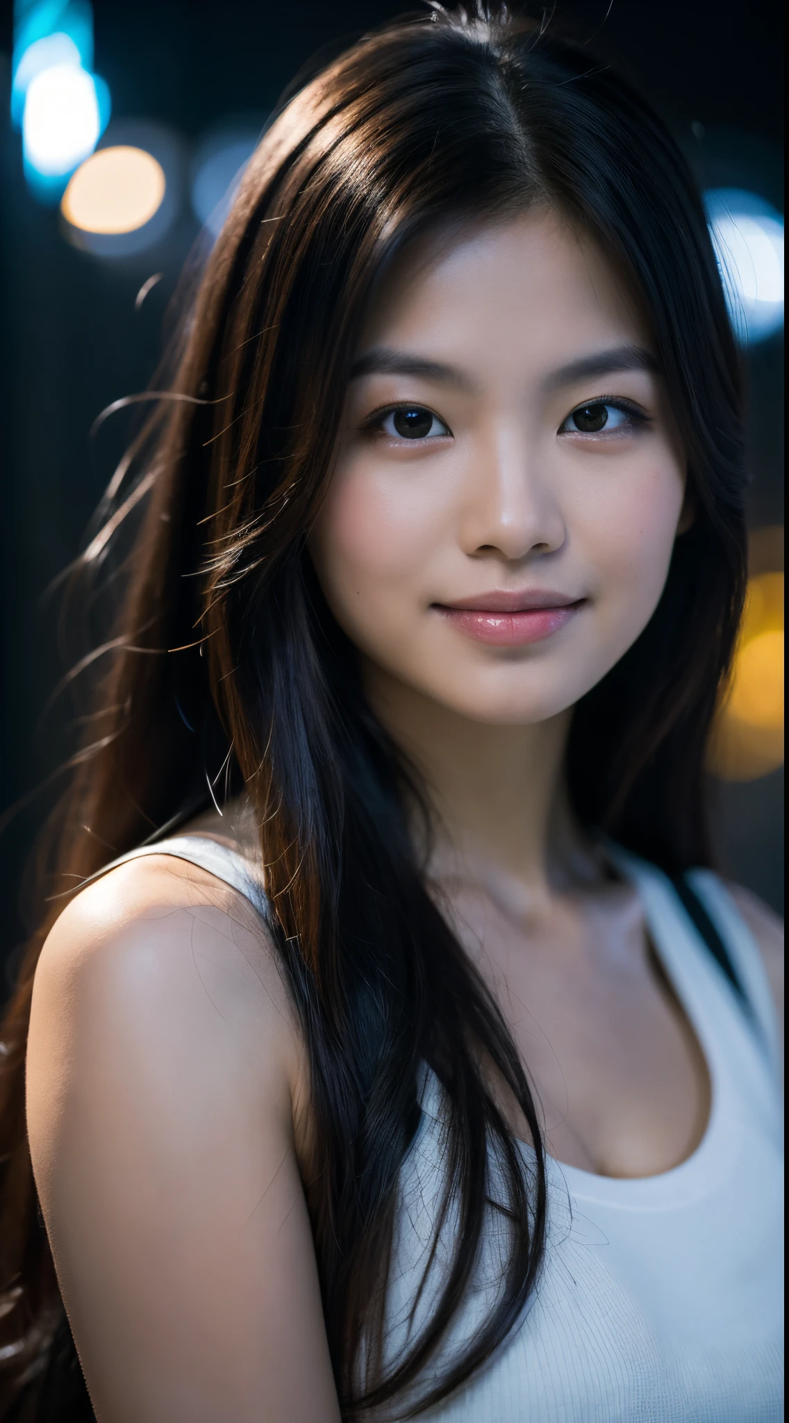 best quality, epic reality, ((in the pitch black darkness :1.4)), ((portrait:1.5)),(background: dark ) high contrast ,glorious picture, Minimum illumination, lighting Face, She was comfortable, wearing underwear, it seems, (8K, original photo, best quality),(epic reality:1.5), a woman, Face,(exquisite eyes:0.8),(looking at camera:1.4), (best quality), ( high contrast, Deep shadows),intricate details,Work,((skin:1.4)), (long dark hair:1.3), long hair, messy ,(high dynamic range:1.5),detailed, color, upscale, masterpiece, original photo (20 years old, looking at the audience), fair, (wearing underwear,), (((bare breasts))), (((bare breasts))), (((bare breasts))), (((bare breasts))), perfect, nature, perfect composition, portrait, perfect Face, Smile expression, charming eyes, Bright details, close lips, (高skin细节),, (blue tint: 0.6), (Sale: 0.8), (bloody: 0.7), Accent lighting , (backlight: 0.5), medium depth of field, canon 5d, 50mm lens, F/4 apertures, (Super detailed, intricate details), sharp focus, soFt color, 8K, absurd, 80mm, dark background, photography, Smile, ease ,
