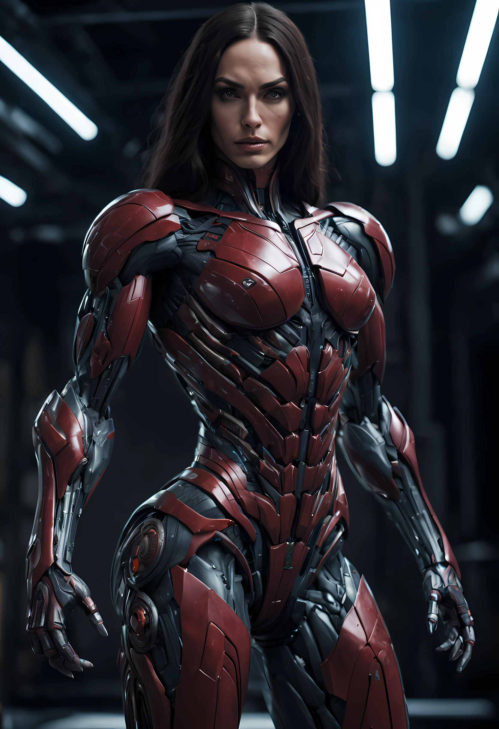 megan fox), Cinematic, hyper-detailed, and insanely detailed, perfect muscular anatomy of a bald super muscular female android girl. Beautiful color grading, enhancing the overall cinematic feel. Unreal Engine brings her anatomic cybernetic muscle suit to life, appearing even more mesmerizing. With the use of depth of field (DOF), every detail is focused and accentuated, drawing attention to her eyes and the intricate design of the anatomic cybernetic muscle suit . The image resolution is at its peak, utilizing super-resolution technology to ensure every pixel is perfect. Cinematic lighting enhances her aura, while anti-aliasing techniques like FXAA and TXAA keep the edges smooth and clean. Adding realism to the anatomic cybernetic muscle suit, RTX technology enables ray tracing. Additionally, SSAO (Screen Space Ambient Occlusion) gives depth and realism to the scene, the girl's anatomic cybernetic muscle suit become even more convincing. In the post-processing and post-production stages, tone mapping enhances the colors, creating a captivating visual experience. The integration of CGI (Computer-Generated Imagery) and VFX (Visual Effect brings out the anatomic cybernetic muscle suit's intricate features in a seamless manner. SFX (Sound Effects) complement the visual artistry, immersing the viewer further into this fantastic world. The level of detail is awe-inspiring, with intricate elements meticulously crafted, the artwork hyper maximalist and hyper-realistic. Volumetric effects add depth and dimension, and the photorealism is unparalleled. The image is rendered in 8K resolution, ensuring super-detailed visuals. The volumetric lightning adds a touch of magic, highlighting her beauty and the aura of her anatomic cybernetic muscle suit in an otherworldly way. High Dynamic Range (HDR) technology makes the colors pop, adding richness to the overall composition. Ultimately, this artwork presents an unreal portrayal of a super muscled cybernetic female android