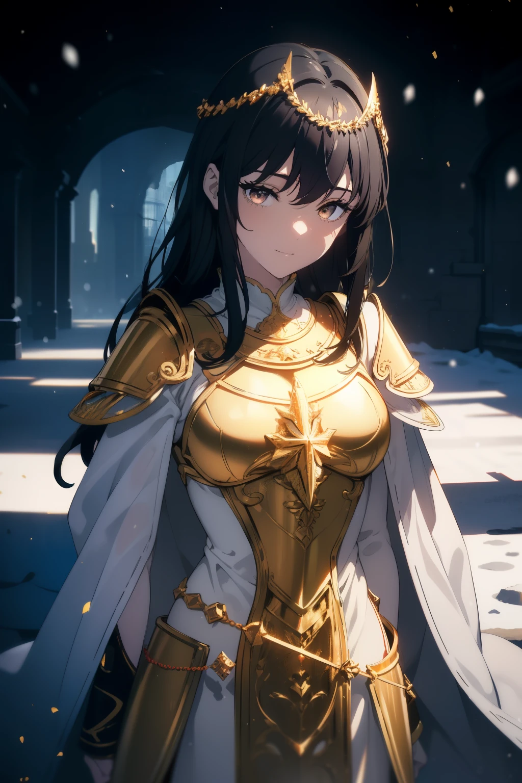 ((Obra maestra, La mejor calidad, ultrahigh resolution)), 1girl, standing, ((((soldier, clad in golden steel armor, golden plate armor)))), (((wearing golden roman helmet, closed golden roman helmet))), (((fierce))), (((black hair, dark black hair))), long hair cut, pale skin, ((brown eyes)), glowing_eyes, neon eyes, (ultra detailed eyes:0.7, beautiful and detailed face, detailed eyes:0.9), ((centered)), smile, ((wide shot)), facing viewer, eye level, ((vibrant background, snowy landscape, cityscape, snowing, snow)), flat chested, looking at viewer, ((half closed eyes)), ((perfect hands)), (((head:1, arms, hips, elbows, in view))), ((hands behind back)), empty eyes, beautiful lighting, outside, outdoors, background, defined subject, 25 years old, (head tilt)
