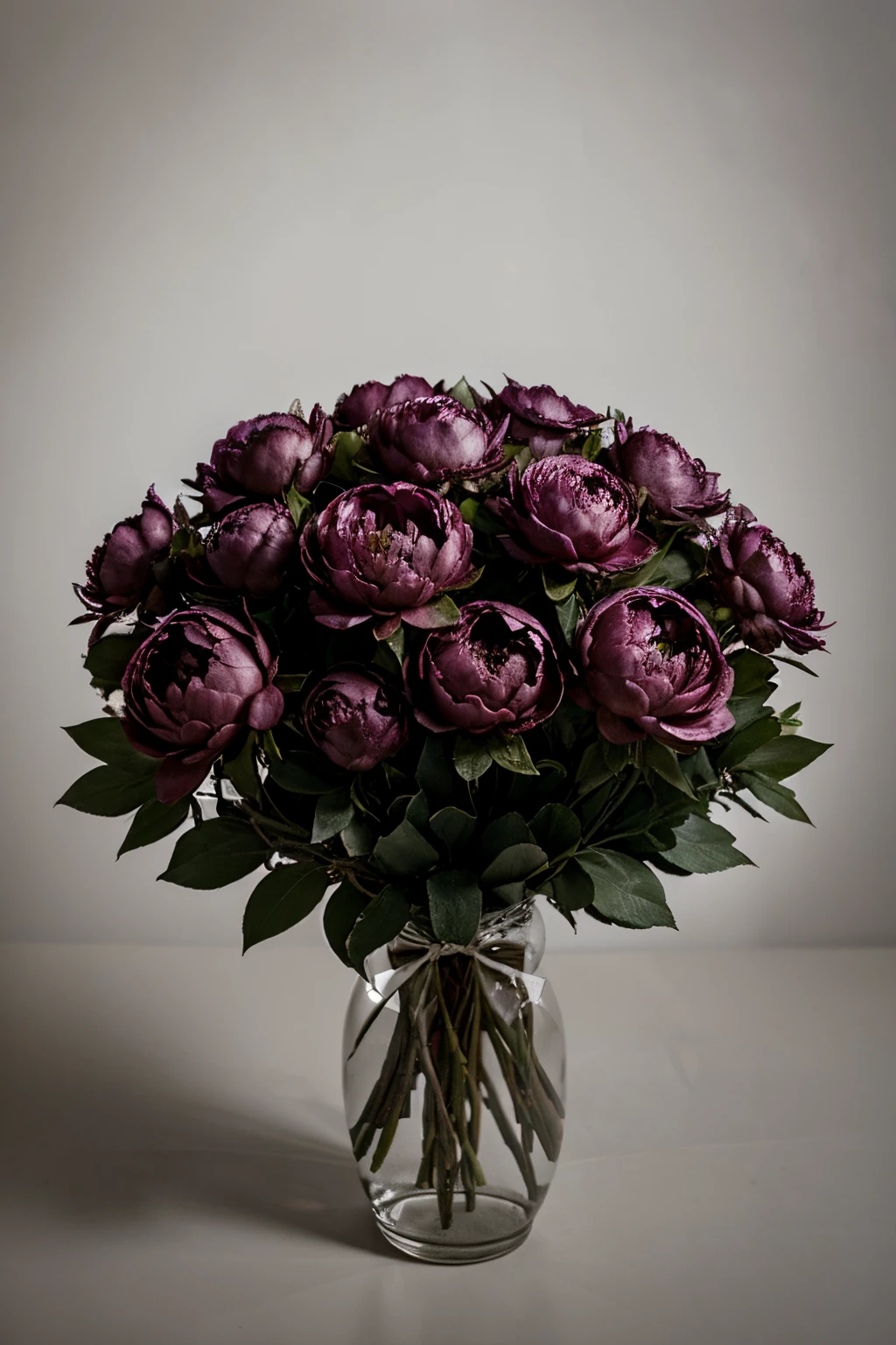 a large bouquet of peonies, without leaves. darkness envelops them. there is a space between them, as if each one is separate.