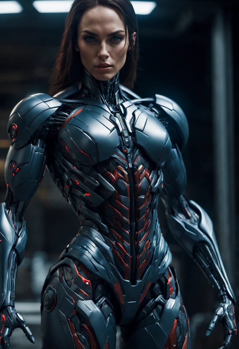 megan fox), Cinematic, hyper-detailed, and insanely detailed, perfect muscular anatomy of a bald super muscular female android girl. Beautiful color grading, enhancing the overall cinematic feel. Unreal Engine brings her anatomic cybernetic muscle suit to life, appearing even more mesmerizing. With the use of depth of field (DOF), every detail is focused and accentuated, drawing attention to her eyes and the intricate design of the anatomic cybernetic muscle suit . The image resolution is at its peak, utilizing super-resolution technology to ensure every pixel is perfect. Cinematic lighting enhances her aura, while anti-aliasing techniques like FXAA and TXAA keep the edges smooth and clean. Adding realism to the anatomic cybernetic muscle suit, RTX technology enables ray tracing. Additionally, SSAO (Screen Space Ambient Occlusion) gives depth and realism to the scene, the girl's anatomic cybernetic muscle suit become even more convincing. In the post-processing and post-production stages, tone mapping enhances the colors, creating a captivating visual experience. The integration of CGI (Computer-Generated Imagery) and VFX (Visual Effect brings out the anatomic cybernetic muscle suit's intricate features in a seamless manner. SFX (Sound Effects) complement the visual artistry, immersing the viewer further into this fantastic world. The level of detail is awe-inspiring, with intricate elements meticulously crafted, the artwork hyper maximalist and hyper-realistic. Volumetric effects add depth and dimension, and the photorealism is unparalleled. The image is rendered in 8K resolution, ensuring super-detailed visuals. The volumetric lightning adds a touch of magic, highlighting her beauty and the aura of her anatomic cybernetic muscle suit in an otherworldly way. High Dynamic Range (HDR) technology makes the colors pop, adding richness to the overall composition. Ultimately, this artwork presents an unreal portrayal of a super muscled cybernetic female android