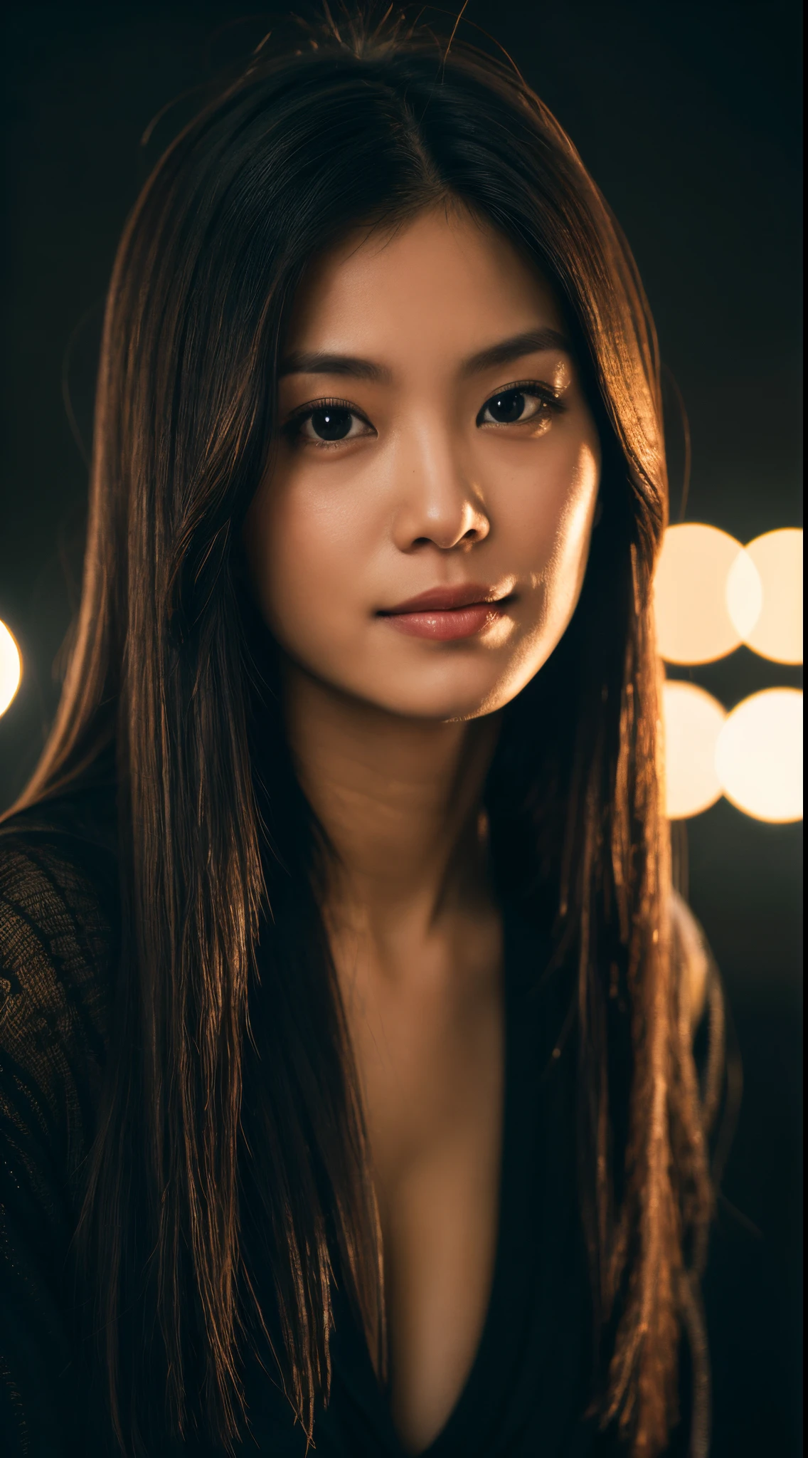 highest quality, epic realistic, ((in the pitch black darkness :1.4)), ((portrait:1.5)),(background: dark ) high contrast ,glorious picture, lowest lux, lighting face, she's comfortable, wearing nothing, , looks incredible, (8k, Raw photo, Highest quality),(epic realistic:1.5), a woman, face,(detailed eyes:0.8),(looking at the camera:1.4), (Highest quality), ( high contrast, deep shadows),Intricate details,cinematic,((skin:1.4)), (long dark hair:1.3), long hair, messy ,(Hdr:1.5),Detailed, colors, Superior quality, Masterpiece, Raw Photo (20-year-old, looking at viewer), beautiful, (wearing plain yellow shirt,), perfect, natural, perfect composition, portrait, perfect face, smiling expression, Captivating eyes, Bright details, Tight lips, (High Skin Detail),, (blue tint: 0.6), (sale: 0.8), (bloody: 0.7), Key lighting , (backlight: 0.5), Medium depth of field, Canon 5d, 50mm lens, f/4 apertures, (Ultra-detailed, Complex detail), sharp focus, soft colors, 8k, Absurd, 80mm, bokeh background, photography, smiling, pinay, filipina, large boobs, neon lights background, bokeh