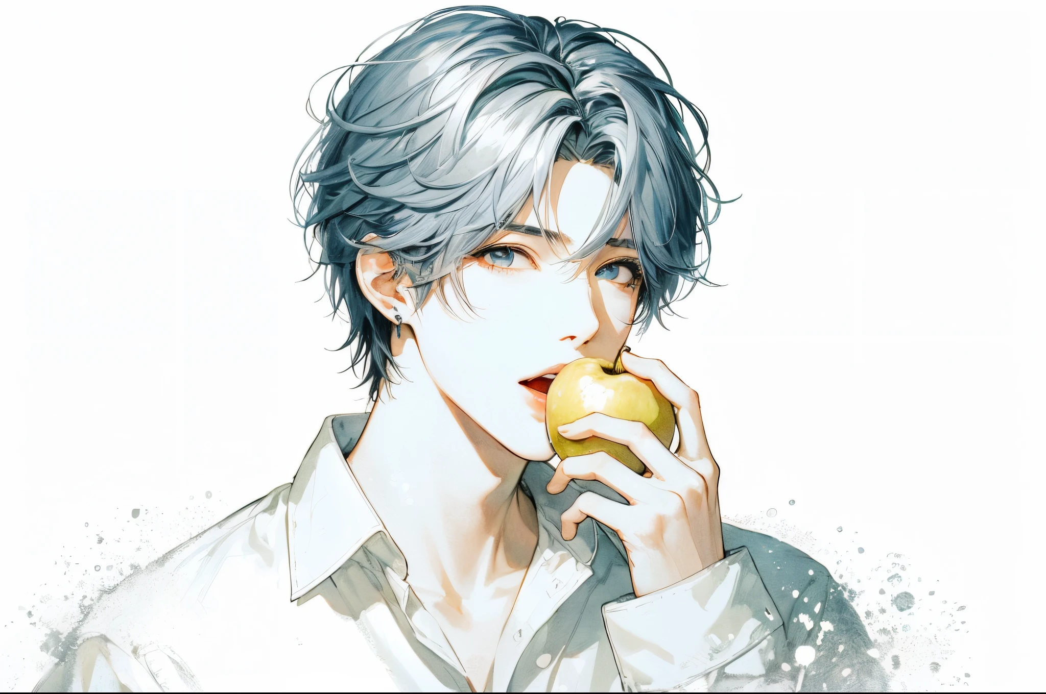 Beautiful young man, dull light blue hair, Half-up style, bite into a yellow apple, Wearing a white shirt, reinforced, Droplets spread over a wide area, fresher look, half face shot, White background, hightquality, Illustration, PixivJapanese anime style, Clear line drawing, Transparent watercolor, pronounced, Clear shading, Portrait.