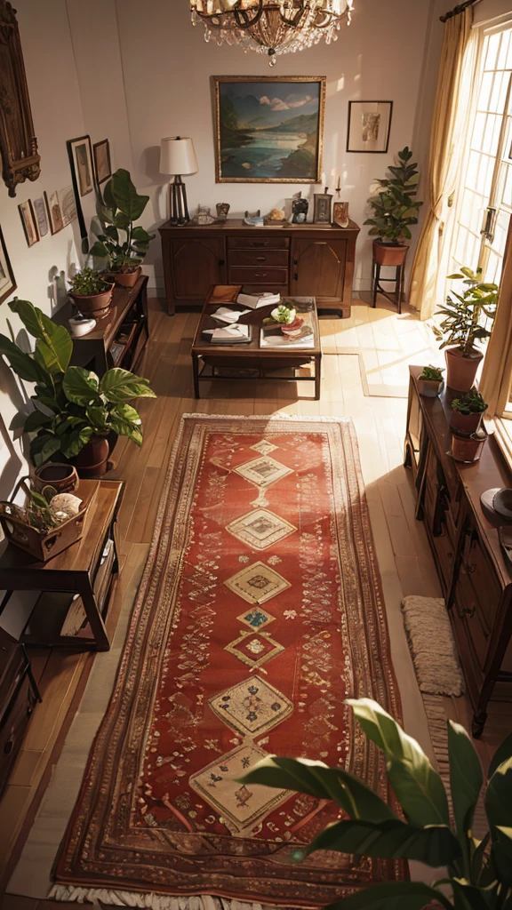 Editorial Style photo, Low-angle, Bohemian, Living Room, Textured Rug, Plants, Pillows, Decorative Objects, Warm, Earthy Tones, Anthropologie, Soft, Diffused, Marrakesh, Morocco, Afternoon, Bohemian --ar 16:9 --stylize 1000 --v 5