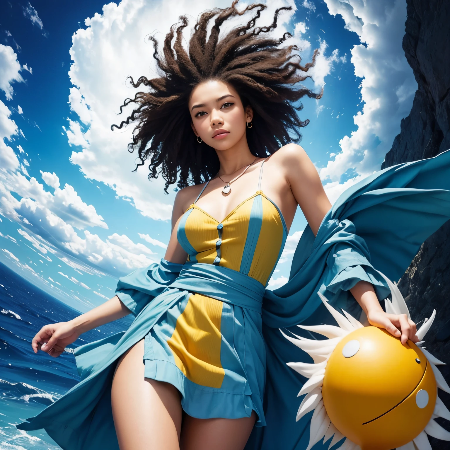 The wind blows from below and pushes up my hair. femele quadratic element