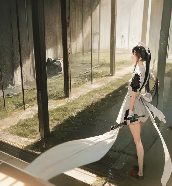 top-quality、ultra-detailliert、careful depiction of the body、human possible regime、Lively、I'm standing with my legs apart、Bird's-eye view branch、look up to、1girl in、独奏、is standing、A dark-haired、long twintails、red eyes、Maid headdress、maid apronl、bangss、white glove、gaze、a smile、looking at the viewers、(interview:1.3)、facing each other in the wilderness、good-looking、Beautiful standing figure、Holding a Japan sword、White blade、sparkling blade、inappropriate mouth、dust flying、shell casings are scattered、rolling hand gun、abandoned pistol、Desolate Bill County、battle field、At dusk、