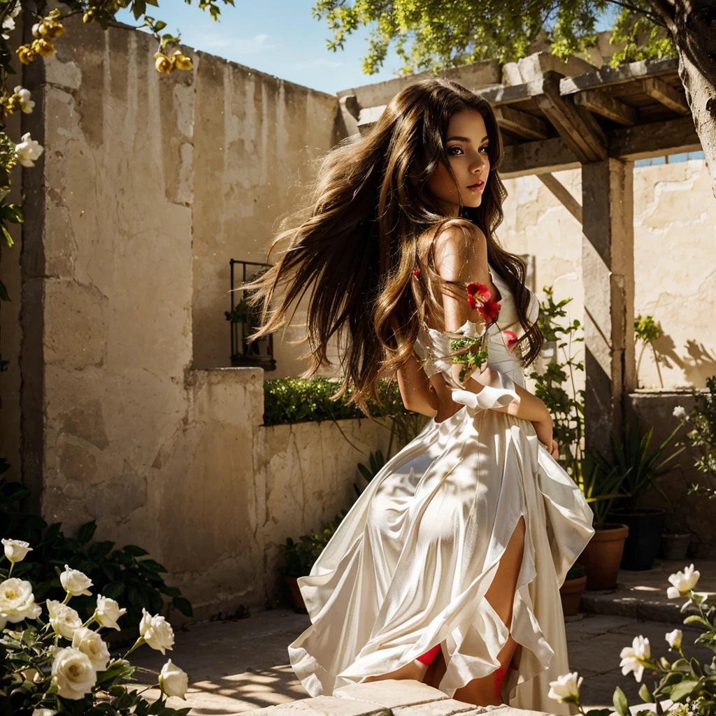 a girl with long, golden mane hair, voluminous chest, and smooth, hairless skin, posing seductively in a glamorous setting, with a white, flowing dress that accentuates her curves. The hair floats gracefully in the air, catching the light and creating an ethereal glow. The background is a garden filled with vibrant flowers, adding pops of color to the scene. The girl's eyes are mesmerizing, with a deep, intense gaze that captivates the viewer. Her lips are full and painted with a bold red color, adding a touch of sensuality. The overall image quality iest quality, highres), with ultra-detailed features that bring the girl to life. The artistic style is (realistic), capturing every minute detail of the girl's appearance. The color tone is warm and inviting, with a soft, golden hue that enhances the dreamy atmosphere. The lighting is natural and soft, illuminating the girl's figure with a gentle, flattering glow. (YES NSFW), knees_together_feet_apart, upskirt, sassi_di_matera, photorealistic seen from below, view from behind.