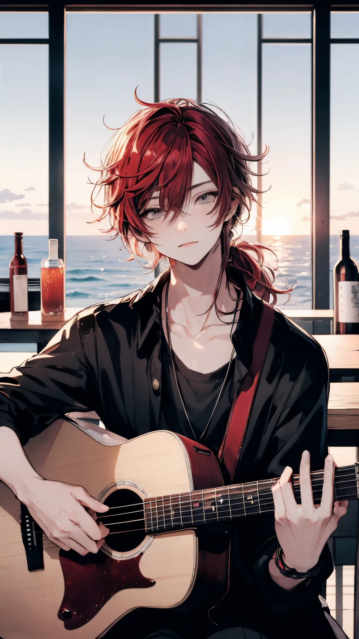 (((grey eyes))),delicate eyes beautiful eyes、A beautiful young man with jewel-like eyes, Red hair, Shoulder length, Tied up, Gray eyes, slit-eyes, Sitting, Counter chair, Playing guitar, huge window, Sunset, ocean, Cool clothes in black, Japanese anime, Clear line drawing, Transparent watercolor, Clear shading, High quality, Detailed, pixiv illustration, Portrait.