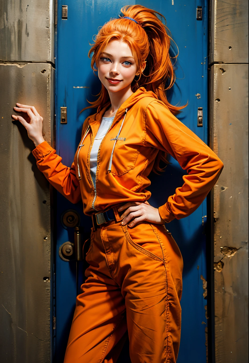 Beautiful redhead, blue eyes, orange clothes, Ponytail, American, smiling, 19 years old, beautiful woman, prisoner, standing, leaning against the wall