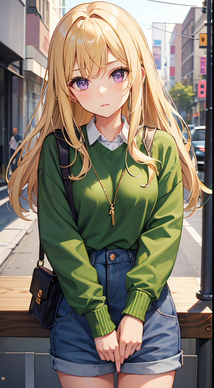 girl, blonde hair, purple eyes, cute girl, green sweater, short denim