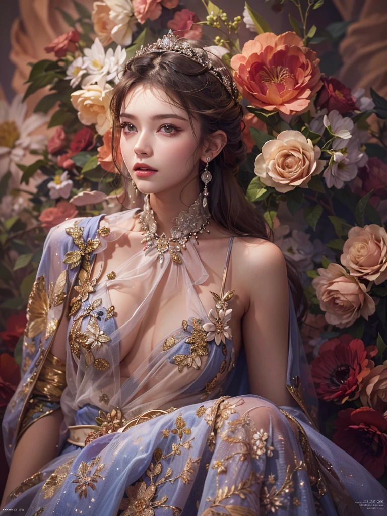 A beautiful goddess standing on a lotus, goddess of prosperity and wealth, intricate detailed ornate golden jewelry, flowing ethereal dress, serene expression, long flowing hair, surrounded by magical glowing particles, dramatic lighting, cinematic composition, fantasy, highly detailed, 8k, photorealistic