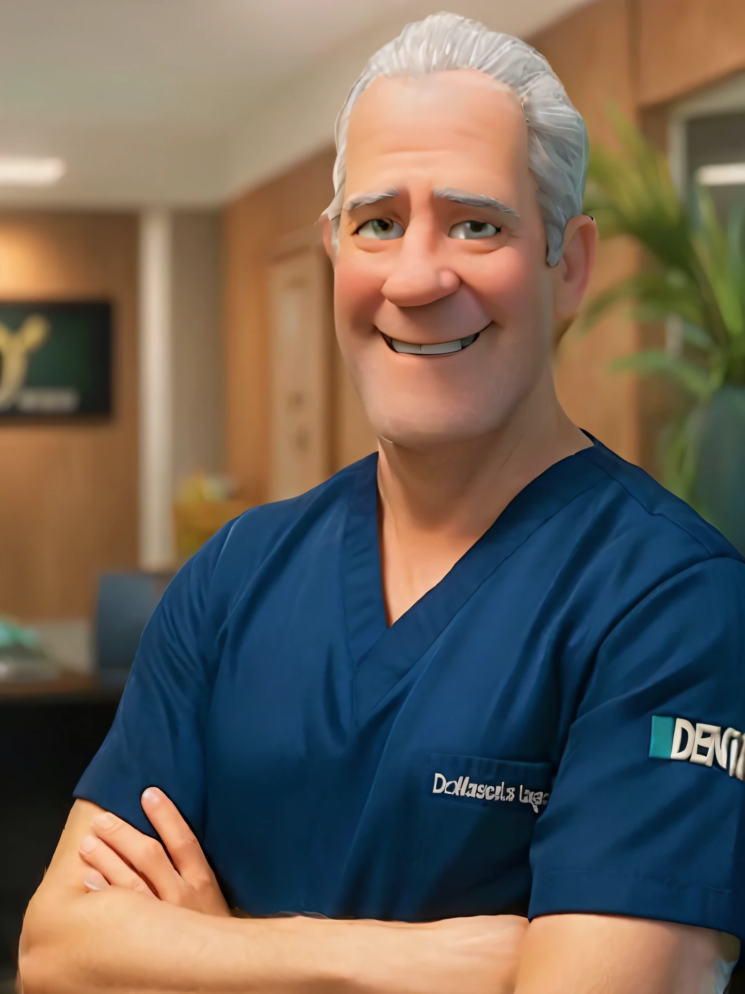 homem de meia-idade, dentista de uniforme azul escuro, arms crossed, Feliz, corpo inteiro, Estilo 3D Pixar