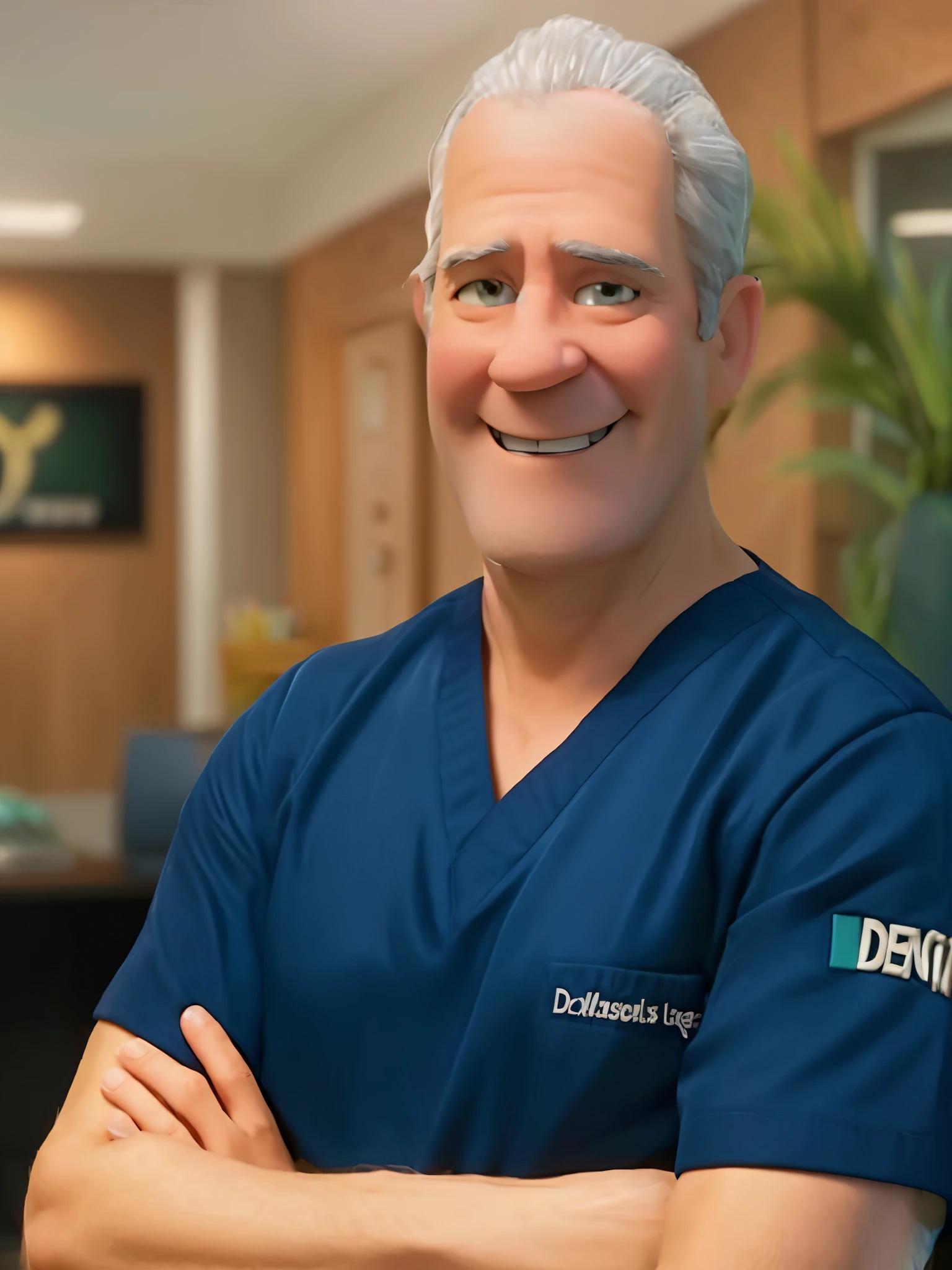 middle age man, dentist in dark blue uniform, arms crossed, happy, full body, 3d pixar style
