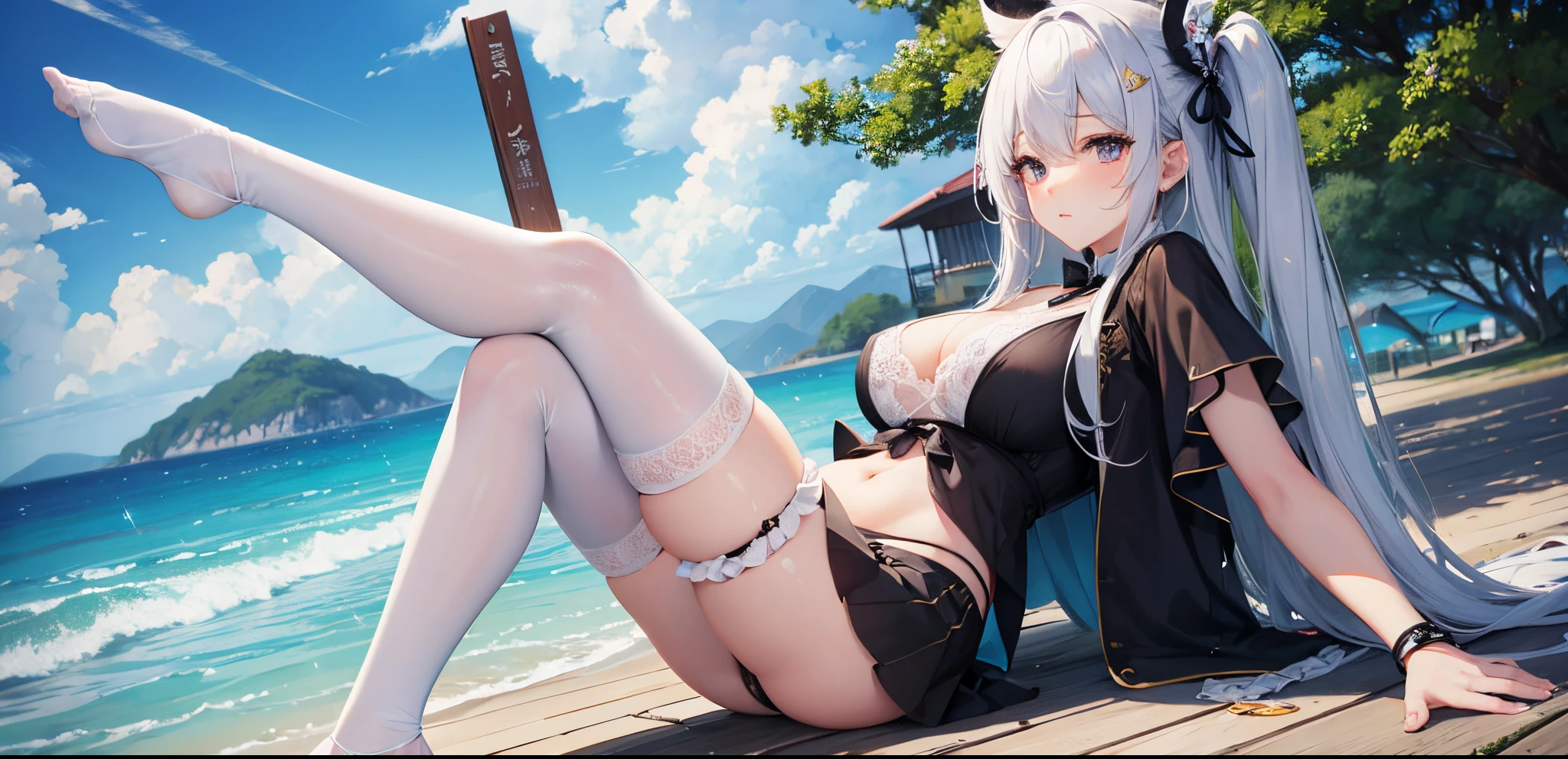 sweet rain,比基尼,Seafront,Soaked,Full body lesbian,Lace edge white stockings,tmasterpiece,High quality
