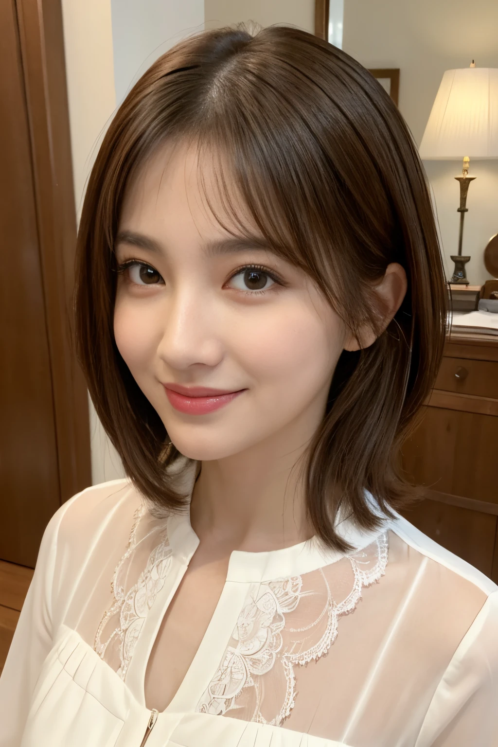 (Raw photography), (Photorealsitic), (masterpiece), (top-quality), hight resolution, 8K分辨率, (intricate detailes), (volumatic light), portlate, femele, 40 years, short-hair, straight haired, Layered hair, brown haired, extremely detailed eye, Sauce order, Highly detailed eyebrows, highlydetailed skin, highly detail mouth, highly detailed nose, cute like an idol, Happy smile, ((thick lips)), ((Look at viewers)), (Elegant and transparent blouse)