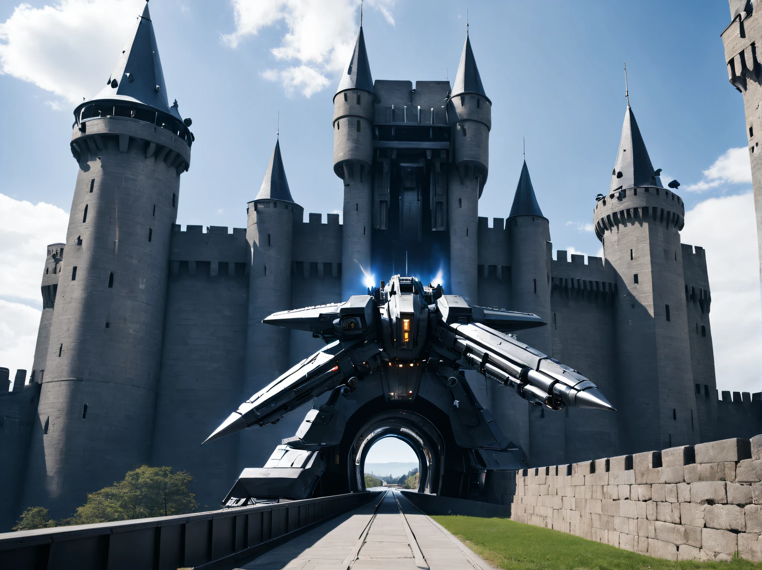 a medieval castle, Futuristic weapons installed on the castle walls, (A huge railgun installed on the castle wall:1.2),