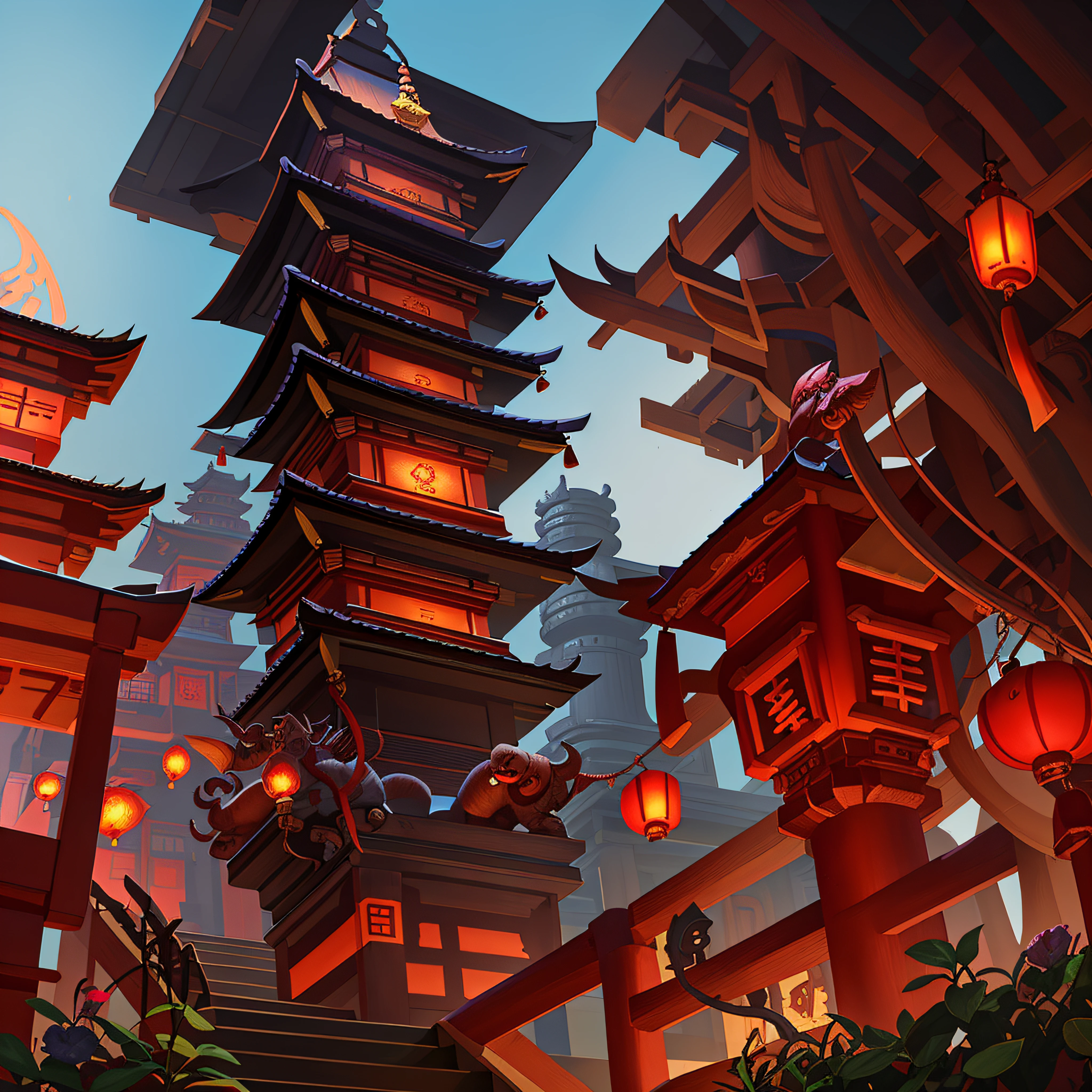 Illustration of Chinese temple with lantern and dragon, G Liulian art style, onmyoji detailed art, rossdraws global illumination, author：heroes, Riot Games Concept Art, feng zhu concept art, Dream Chinatown, Red lanterns, by Qu Leilei, digital painting of a pagoda, World of Warcraft art style, traditional japanese concept art