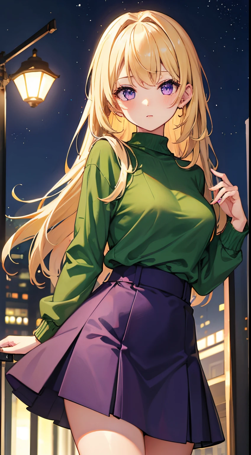 girl, blonde hair, purple eyes, cute girl, green sweater, mini skirt, night city