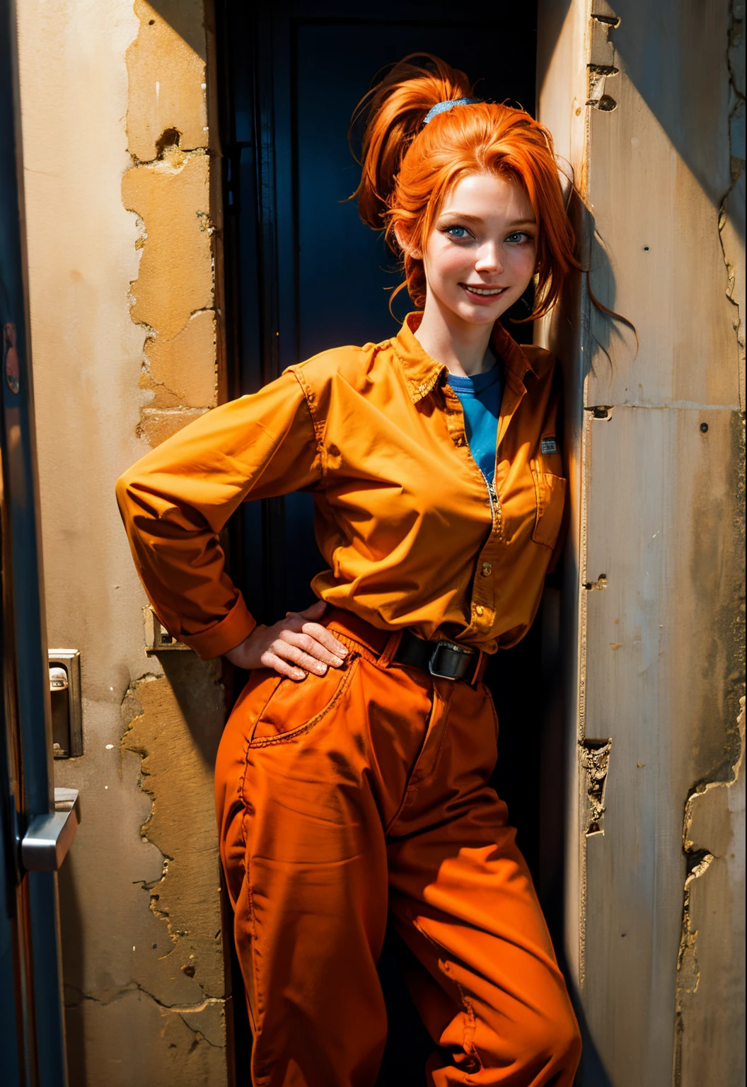 Beautiful redhead, blue eyes, orange clothes, Ponytail, American, smiling, 19 years old, beautiful woman, prisoner, standing, leaning against the wall