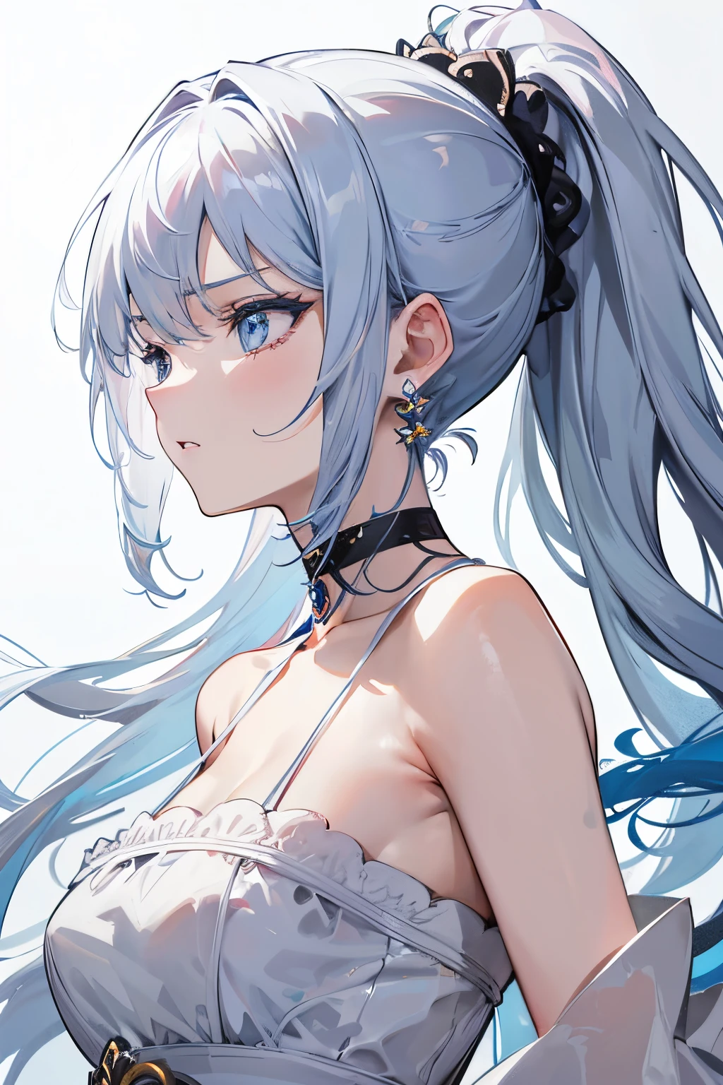(masterpiece, best quality), 1 mature female, (light blue hair, ponytail), sharp green eyes, long eyelashes, closed mouth, smile, large breast, cleavage, seductive smile, arms down, hand down, ((40 year old face)),((white background))