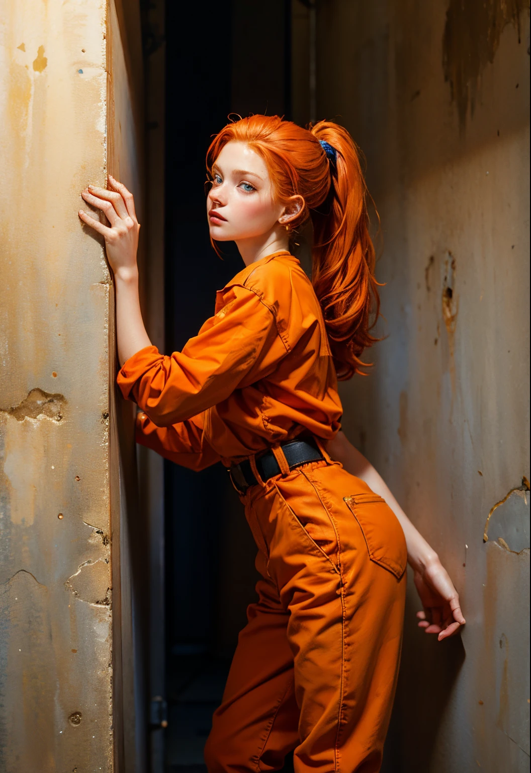 Beautiful redhead, blue eyes, orange clothes, Ponytail, American, 19 years old, beautiful woman, prisoner, standing, leaning against the wall