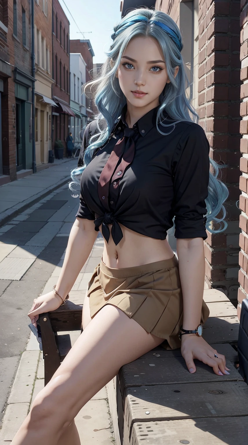 a 25yo woman、Hair color is a gradient color、Eye color is blue、Semi-long、hair is wavy、I'm wearing eyeshadow and lipstick、I'm wearing a headband、accessories on wrist、Slender but well-proportioned muscular body、The navel is visible、wearing a tie front shirt、She's wearing a low-rise mini pleated skirt.、I'm in an alley of brick buildings in an old western city、a smile、Looking at the camera、Sitting on a bench