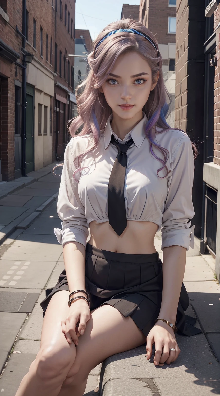 a 25yo woman、Hair color is a gradient color、Eye color is blue、Semi-long、hair is wavy、I'm wearing eyeshadow and lipstick、I'm wearing a headband、accessories on wrist、Slender but well-proportioned muscular body、The navel is visible、wearing a tie front shirt、She's wearing a low-rise mini pleated skirt.、I'm in an alley of brick buildings in an old western city、a smile、Looking at the camera、Sitting on a bench