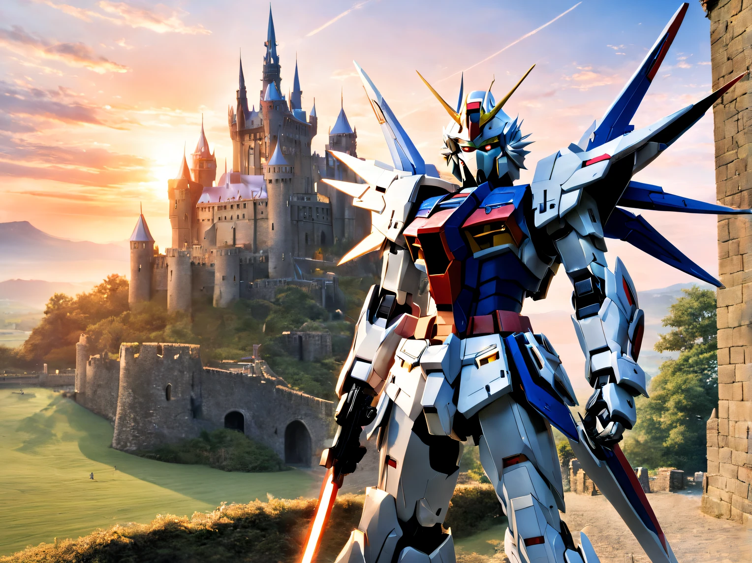 Freedom Gundam, medieval castle on background, Sunset,