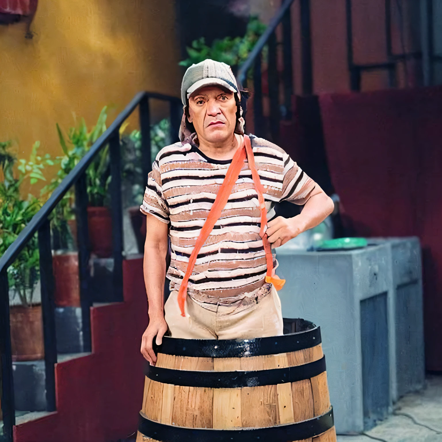 /image creates prompt for artificial intelligence to create the character Chaves from the television series, crie as roupas do Chaves, shoes and hat