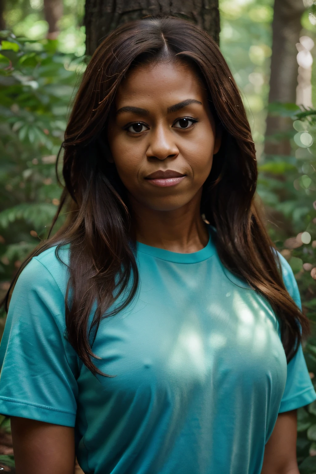 arms at sides, portrait, closeup, looking at camera, best quality, upper body, shirt, woman in forest, MichelleObama, nikon d850 film stock photograph 4 kodak 400 camera f1.6 lens rich colors hyper realistic lifelike texture natural lighting trending on artstation cinestill 800, (100mm lens), long hair