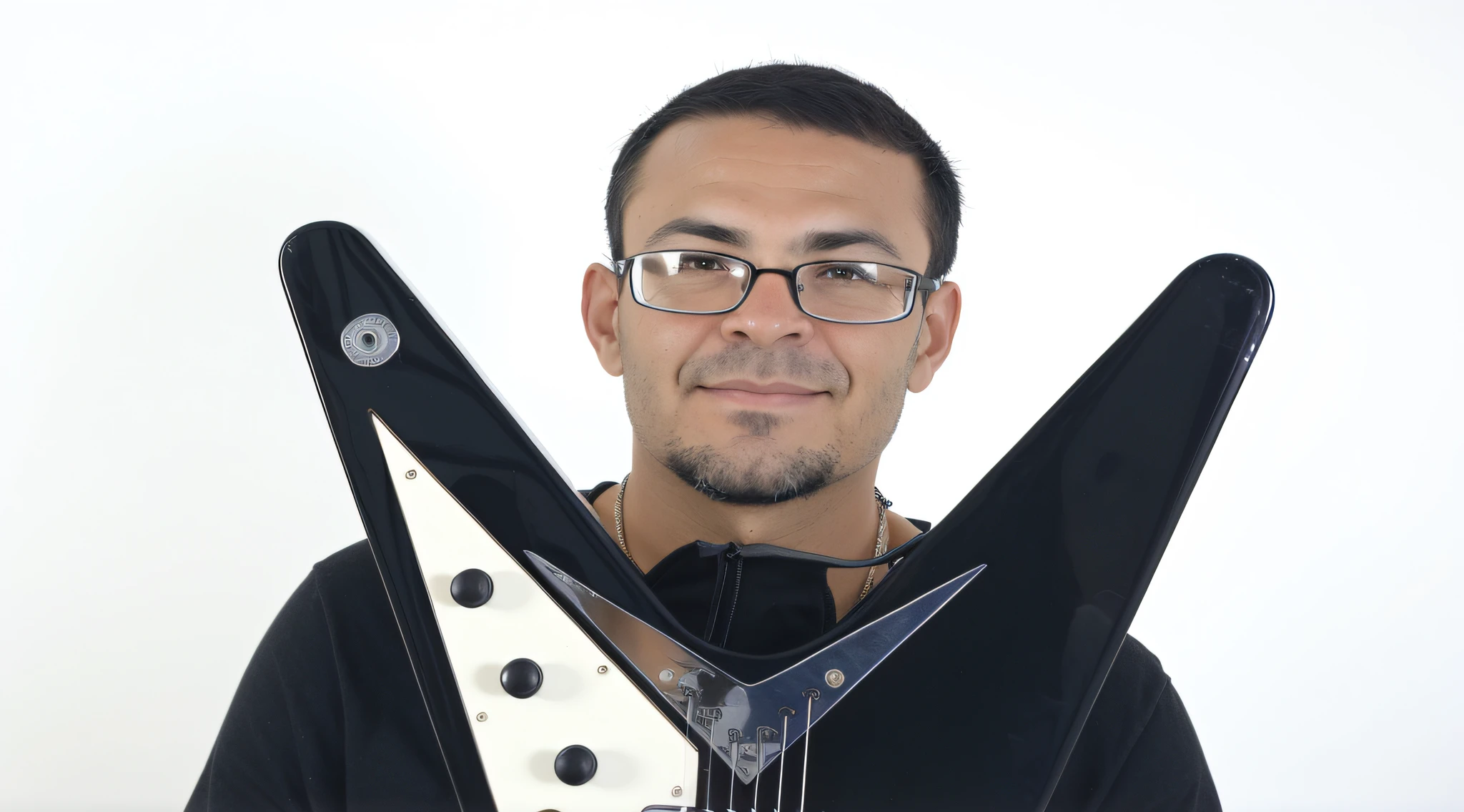 wire-rimmed man with glasses AND BIG BEARD, segurando um par de cordas de guitarra preto e branco,