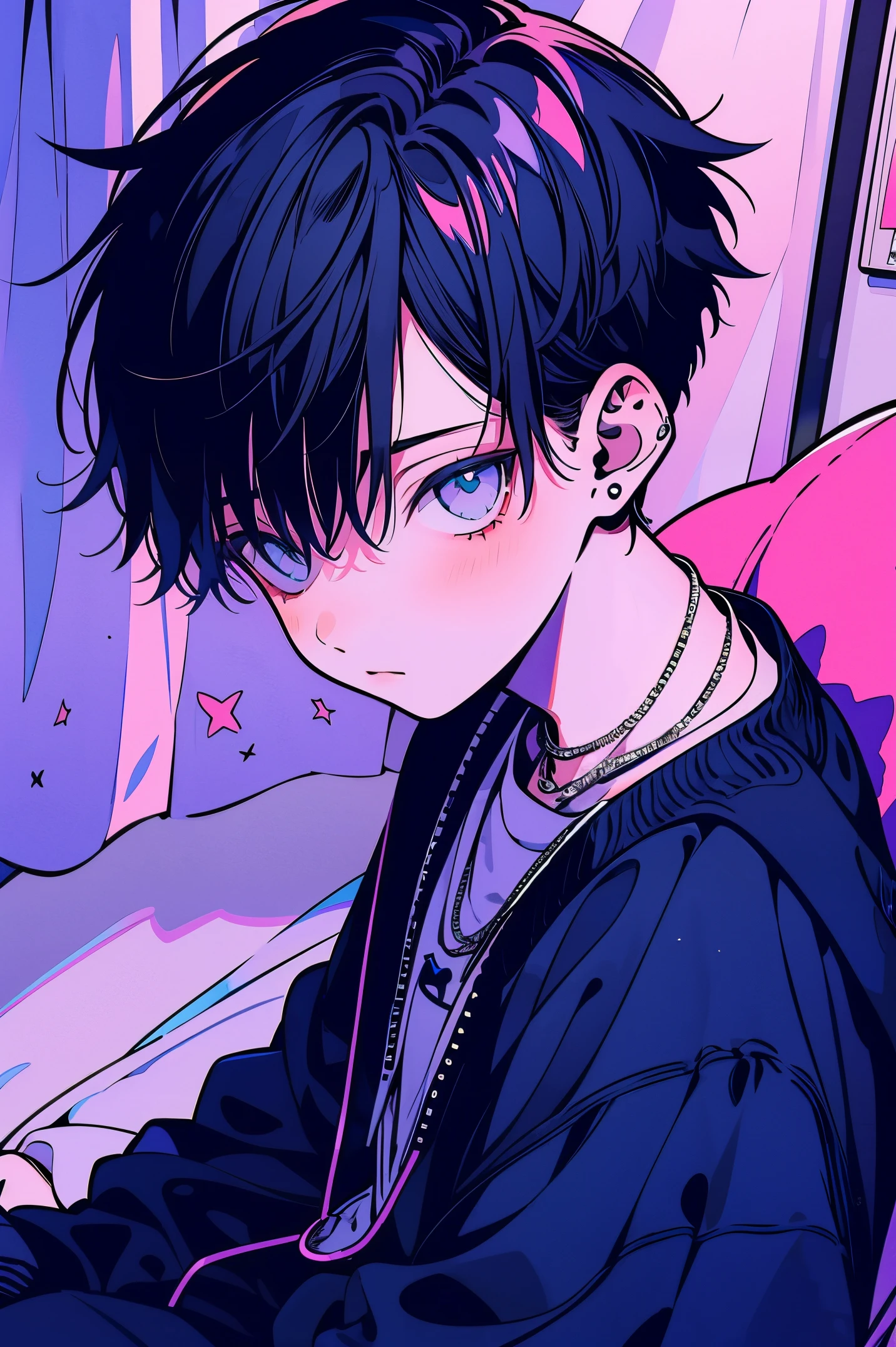 Um boy adolescente em seu quarto escuro, com sua mente criatuva, thinking about the options of what he wants to become in the future