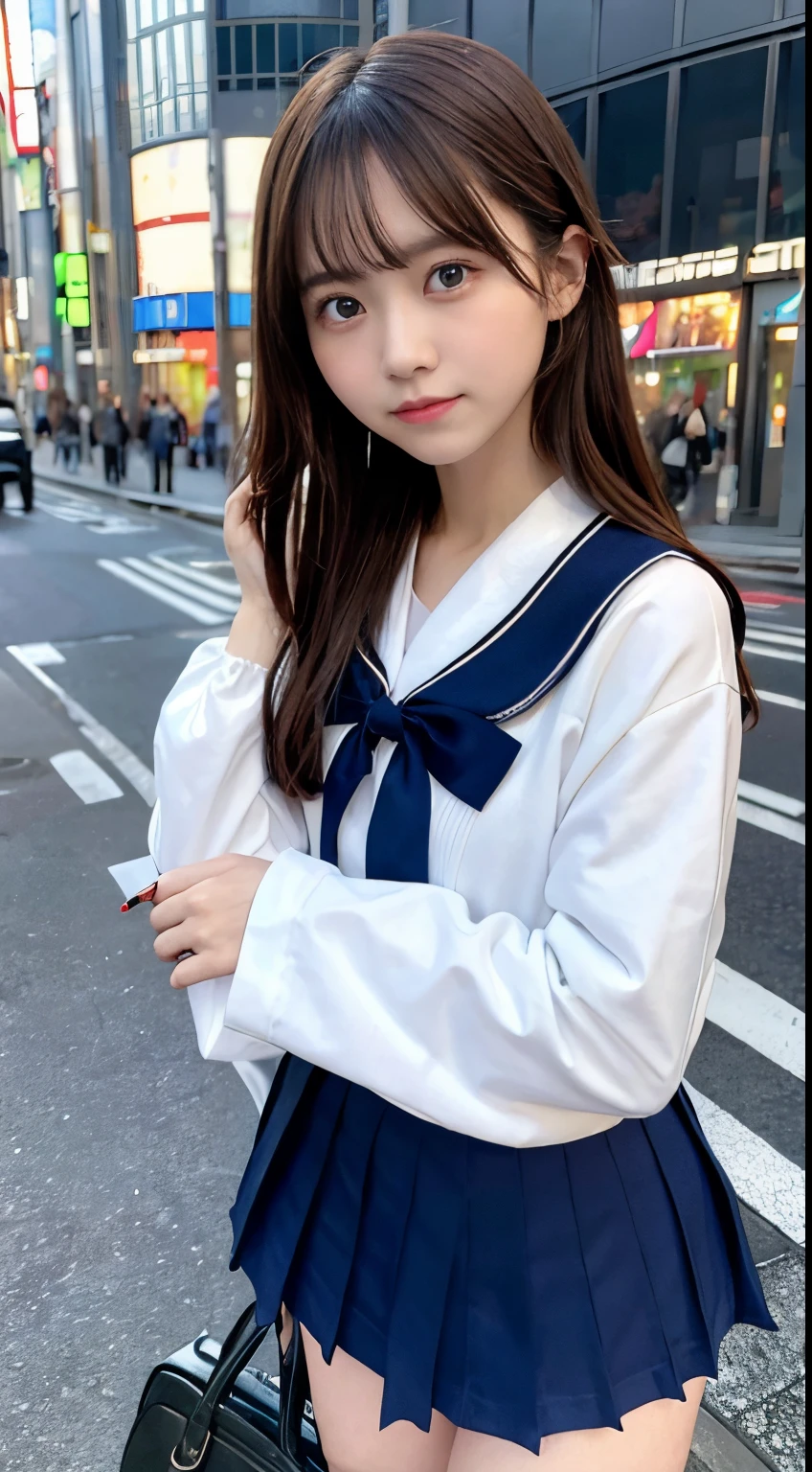 photo of a girl, wearing (crop-top:0.5) basic school sailor uniform, long sleeve, pleated blue_skirt, beautiful eyes, deep-color, BREAK
(((SHIBUYA))), 109, Shibuya Center Street, friends,