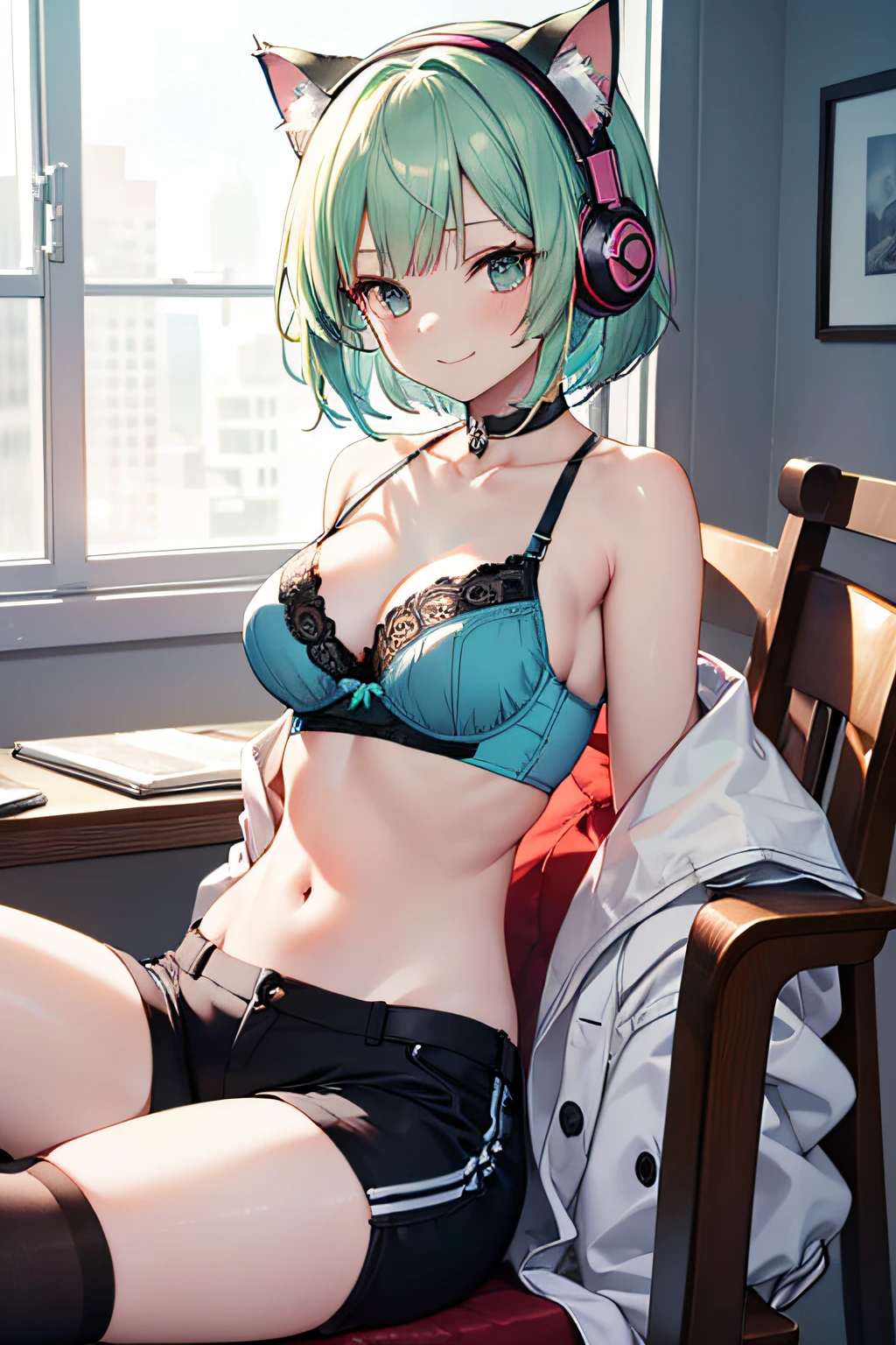 ((masutepiece)), ((Best Quality)), in 8K, detaileds, Ultra-detailed, Detailed and Intricicated, 1girl in, light blue and green hair, bob cuts, Cat's ears,headphones, A smile, Blue bra,Jersey, On the chair, Afternoon room