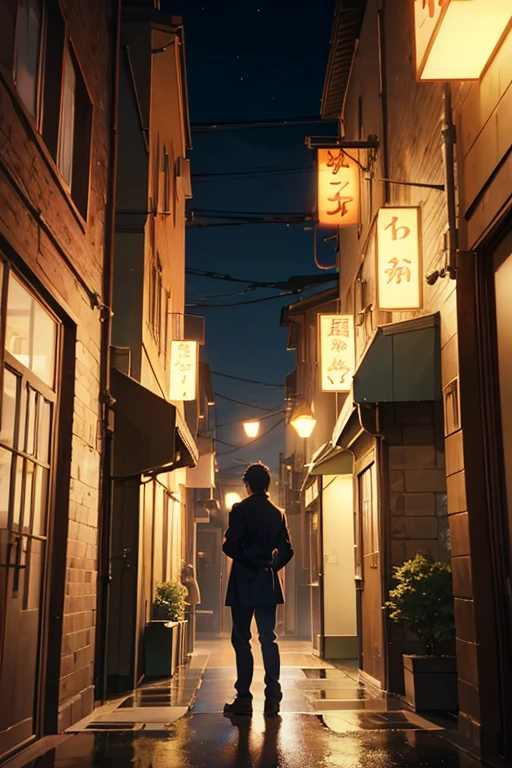 Animated scene of a man standing outside a building with lights on, screenshot from the anime film, Madhouse Studio anime style, Anime background art, Opening scene, ( ( Xinhai sincerely ) ), Anime landscape concept art, anime movie screenshot, Makoto Shinkai's style, anime film still, anime scene, Outside the tavern, Chino's journey