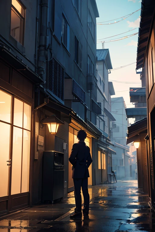 Animated scene of a man standing outside a building with lights on, screenshot from the anime film, Madhouse Studio anime style, Anime background art, Opening scene, ( ( Xinhai sincerely ) ), Anime landscape concept art, anime movie screenshot, Makoto Shinkai's style, anime film still, anime scene, Outside the tavern, Chino's journey