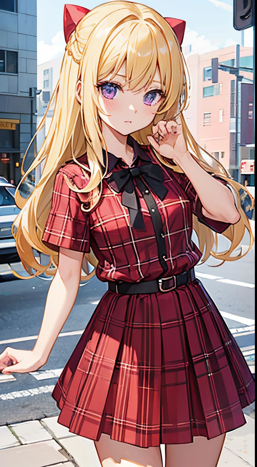 girl, blonde hair, purple eyes, cute girl, red flanel shirt, mini shirt