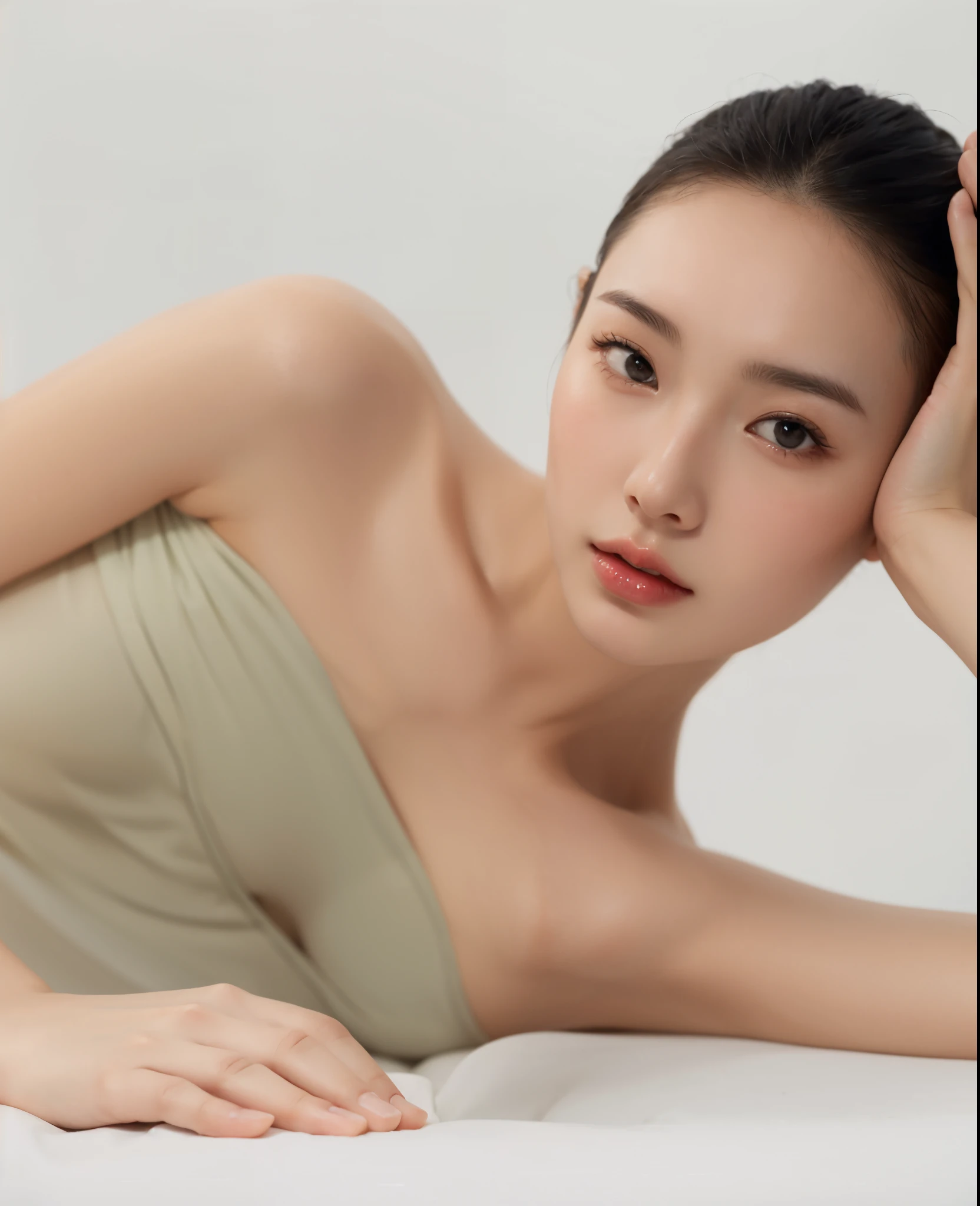 korean girl, very beautiful face, (photo realistic:1.4),(masterpiece, 4K, best quality, ultra detailed),studio shoot,pictorial,photography,realistic eyes, Ultra-Detailed Face, Detailed Lips, normal hand, glossy lips, glossy face, simple background ,pale milky white porcelain skin, smooth translucent white skin, photoshoot for skincare brand, woman with porcelain skin, diffused natural skin glow, smooth porcelain skin, translucent white skin, jen yoon, clean face and body skin, skincare, white porcelain skin