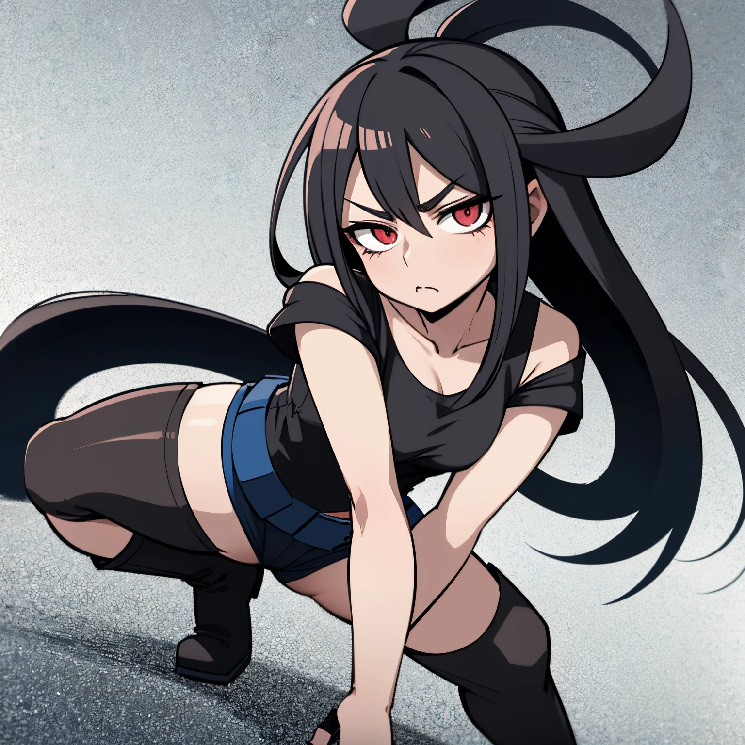 My Hero Academia anime style, full body height view of a girl character, with long jet black, hair, side left bangs that hangs over her eyebrows. Jade eyes, serious eye shape. Wearing a off shoulder, short sleeve, pink shirt with a black corset and navy blue shorts. wearing high thigh brown boots and black fingerless gloves. cute pouting expression. She has her arms folded against her chest.