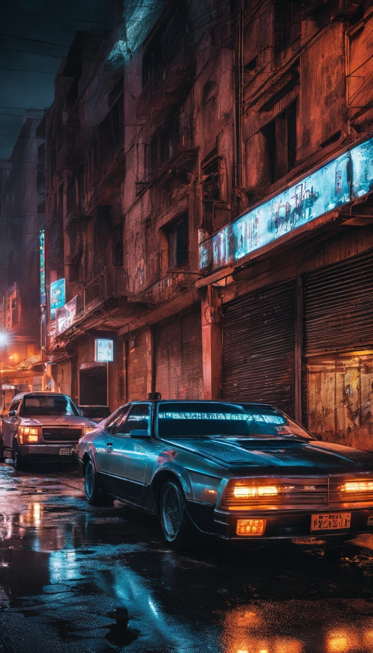 Best quality,4K,8K,A high resolution,tmasterpiece:1.2,ultra - detailed,actual,realistically:1.37,tocar,Post-apocalyptic days,cyber punk style, the city street,bustling,Under the illumination of neon lights,Gritty,dystopian,Tall structures,ae86 Truno ,futuristic building,dangerous,dark alley,heavy rain poured,heavy rain poured,Flashing street lights,illuminated signs,holographic advertisements,Reflective wet pavement,Abandoned vehicles,A smoky atmosphere,city smog,cracked concrete,wires hanging,In a bunch,rusted metal,graffiti-covered walls